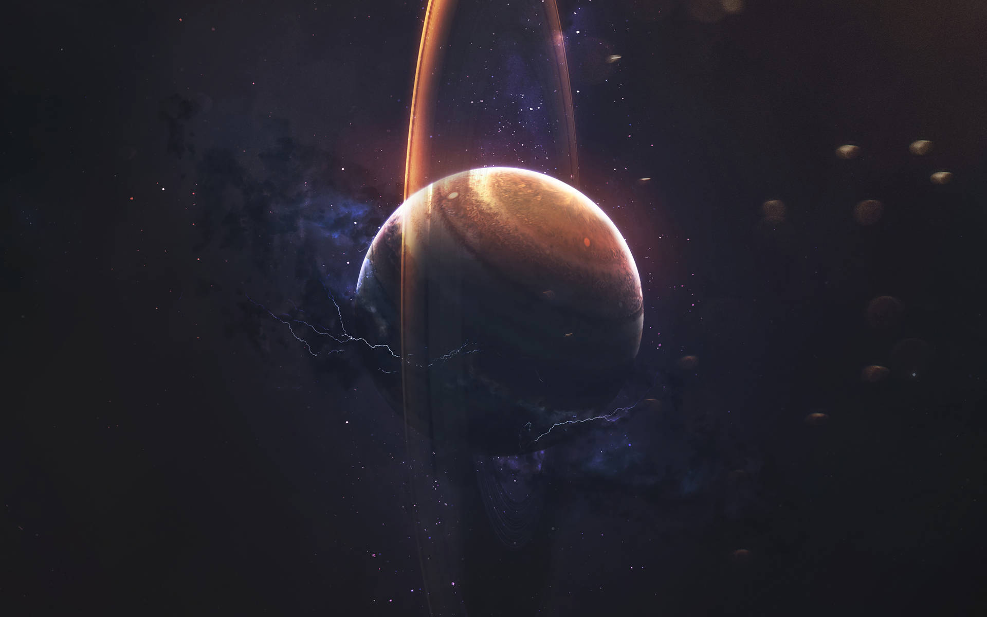 在深空中，一顆發光的環狀行星被恆星和星雲環繞。 — 土星 壁紙