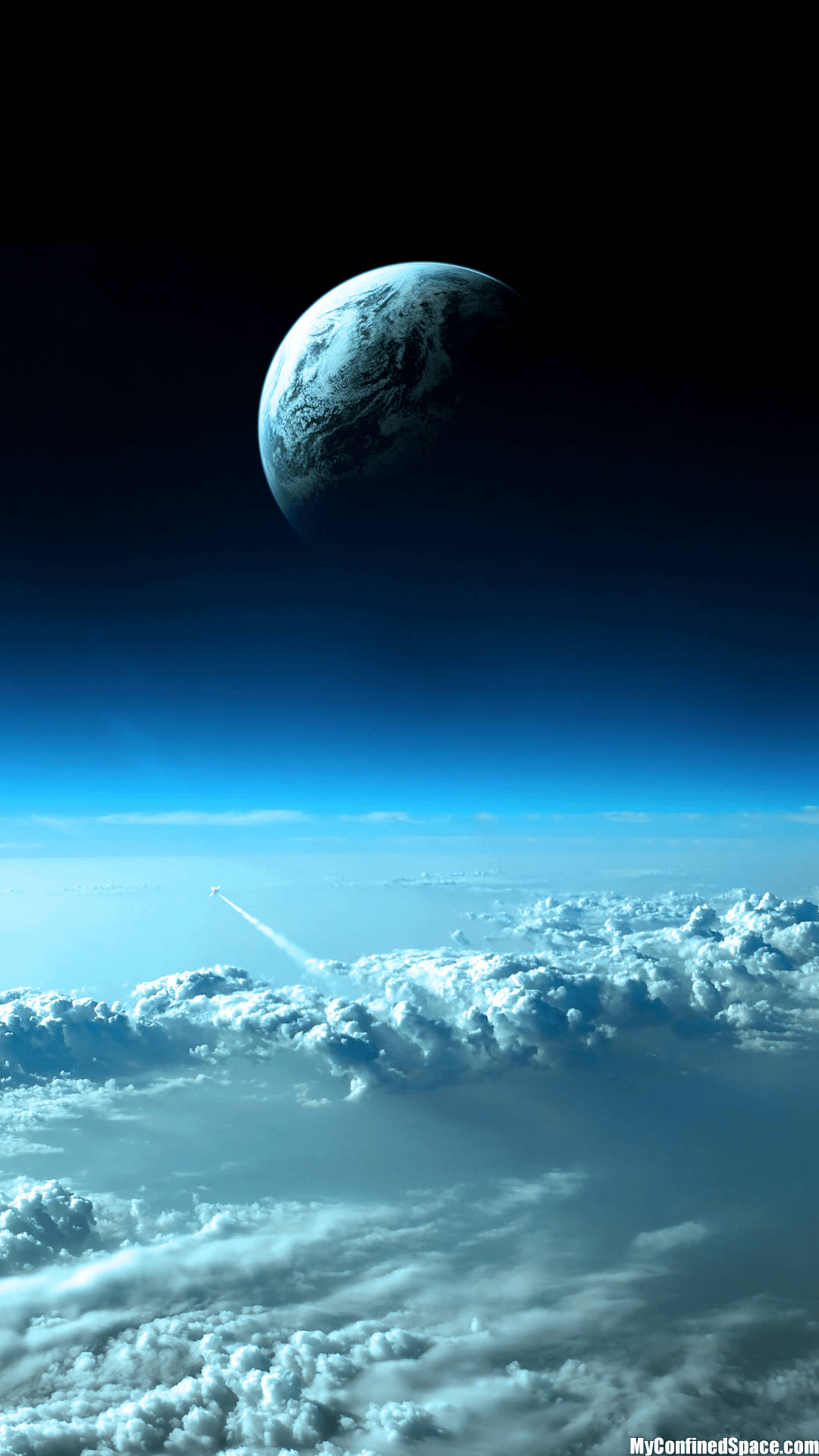 火箭穿過雲層升向太空中遙遠的藍色行星。