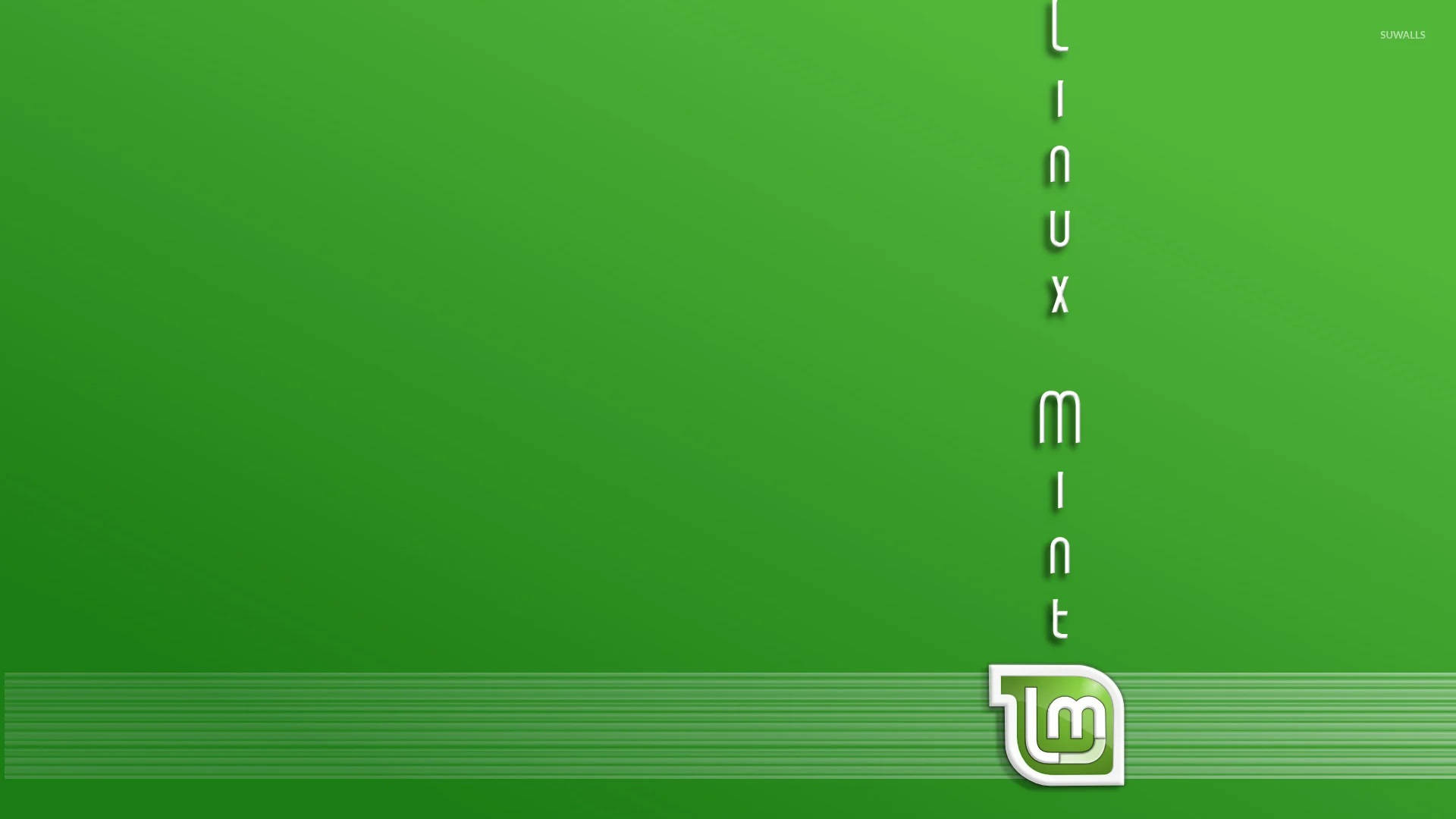 垂直排列的 Linux Mint 操作系統標誌與文字 壁紙 — 一個極簡的綠色漸變壁紙，右側垂直排列了Linux Mint標誌和文字。