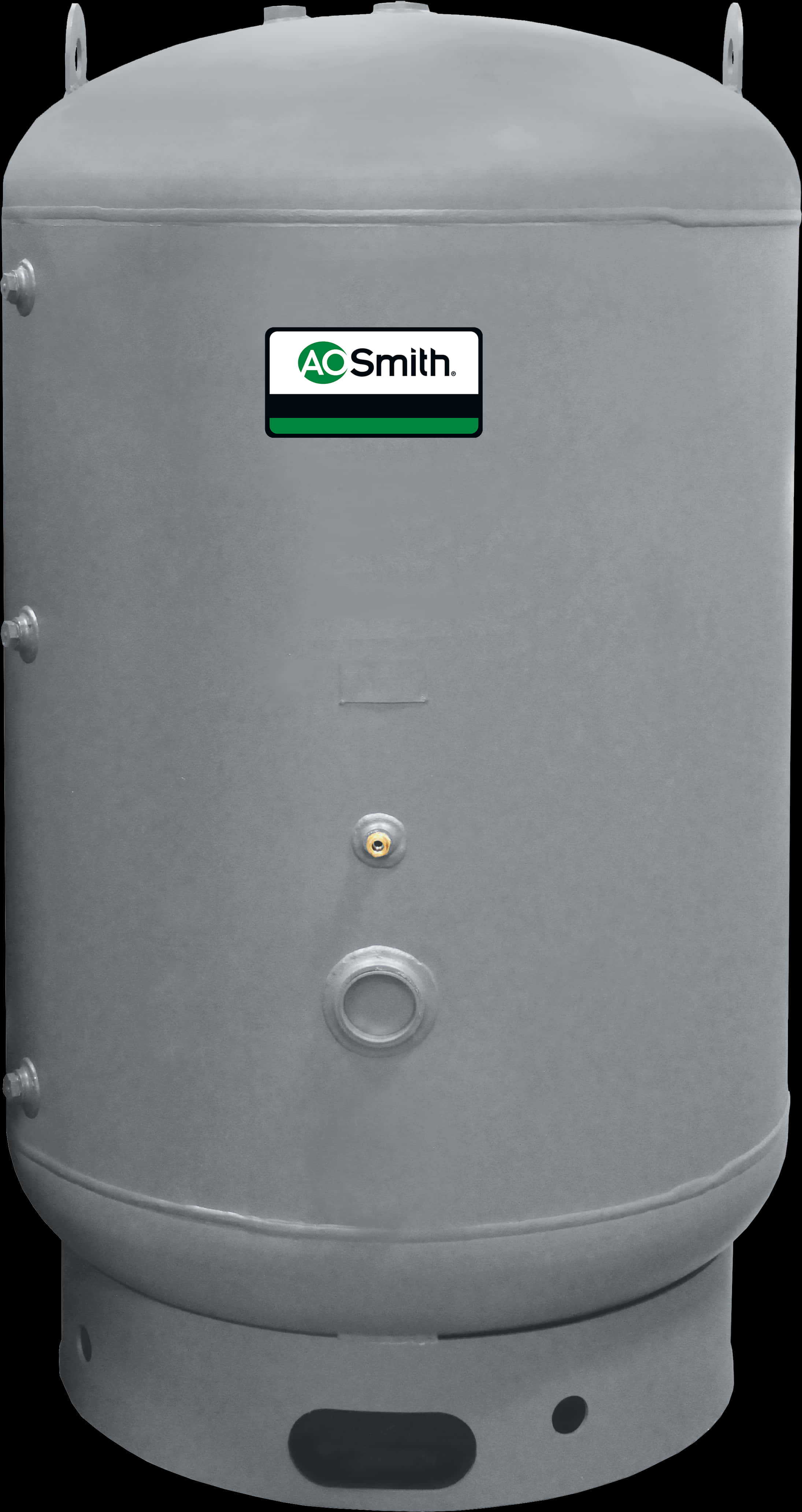 垂直灰色水箱 壁紙 — 一個大型灰色AC Smith熱水器水箱，帶有可見的螺栓和綠色和白色標誌，背景為黑色。