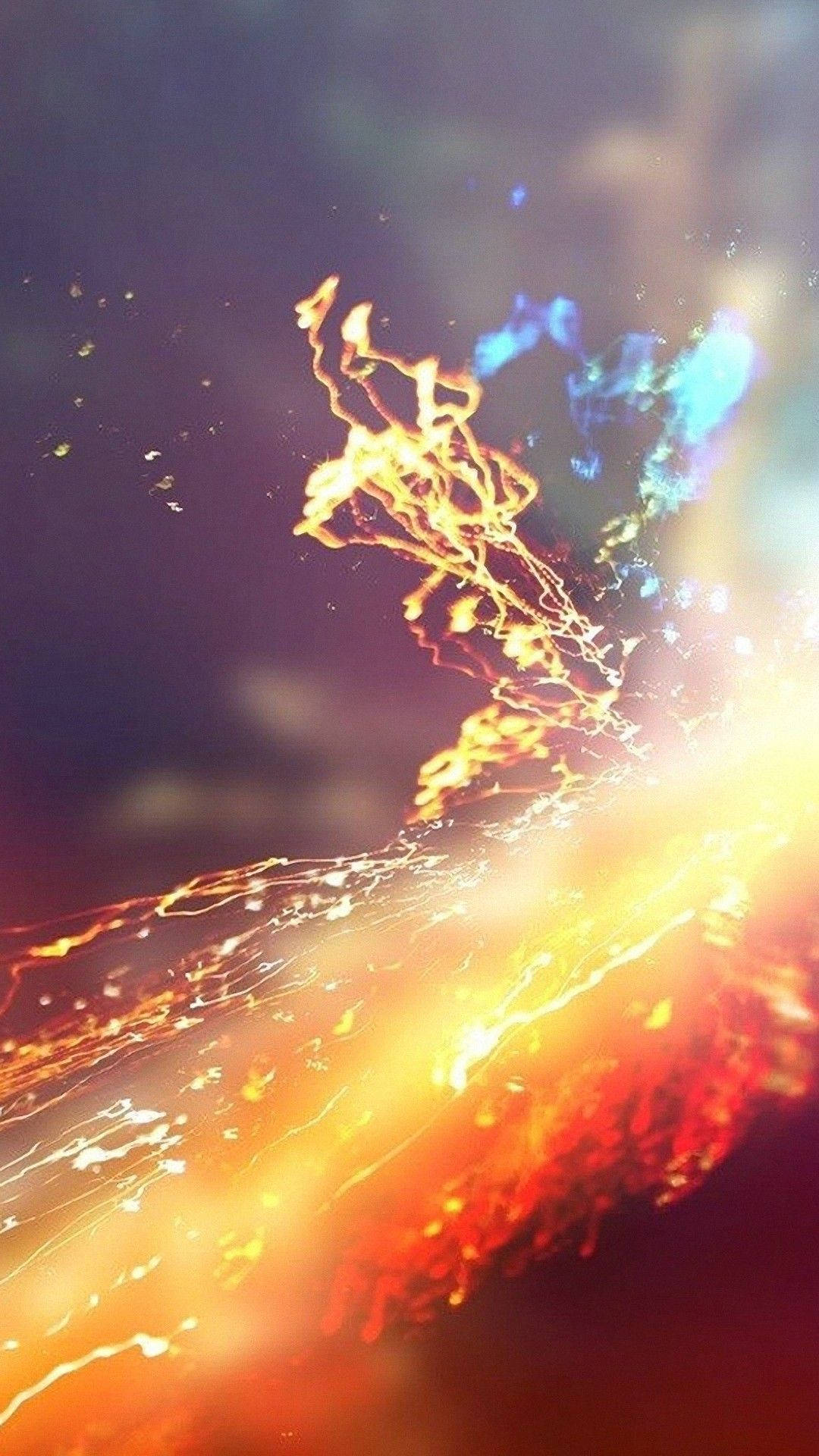在黑暗星雲背景下，火橙色和電光藍色的動態宇宙能量流。