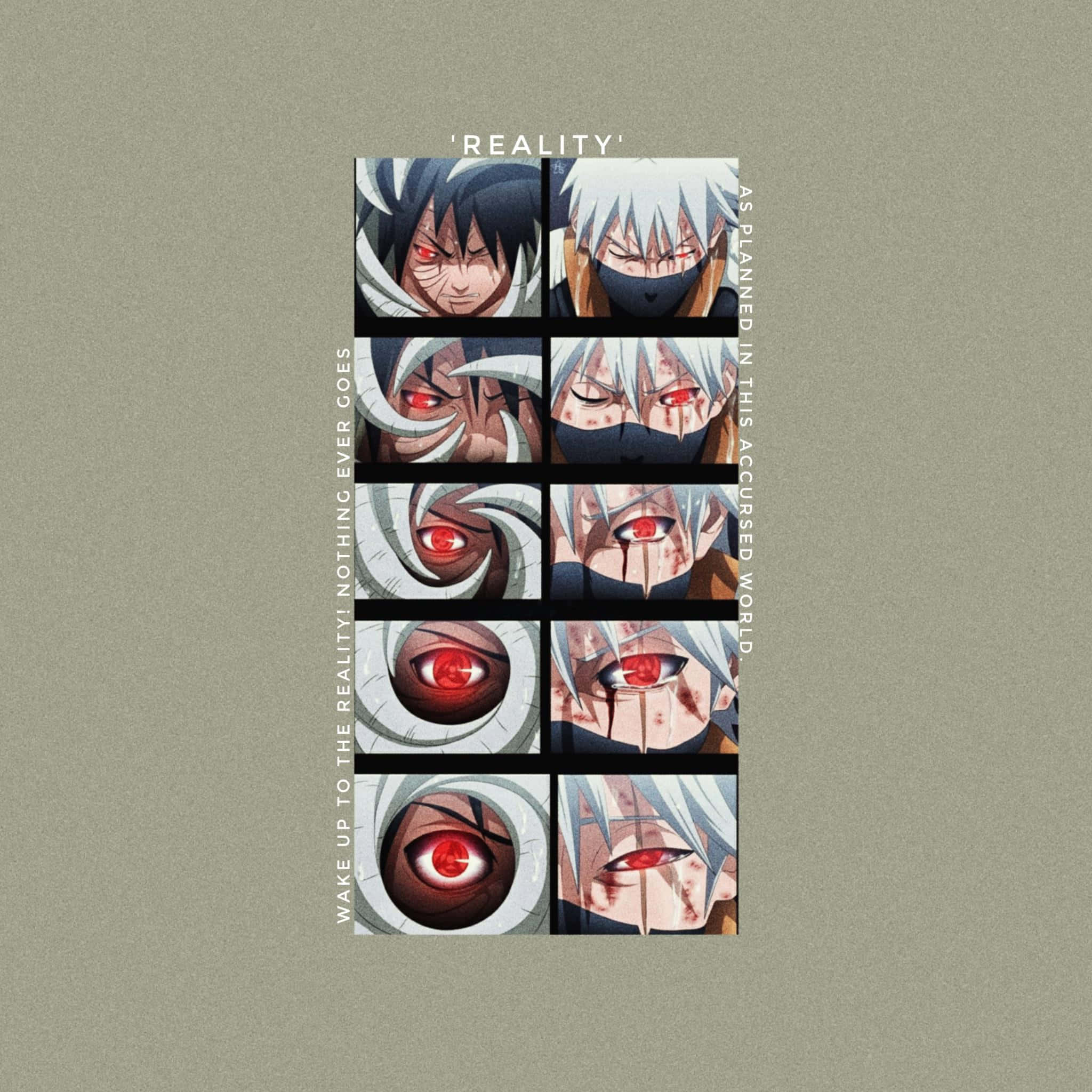 Kakashi And Tobi 桌布 壁紙 — 垂直網格排列的動漫角色強烈紅眼與面孔，背景為柔和橄欖色並帶有文字。