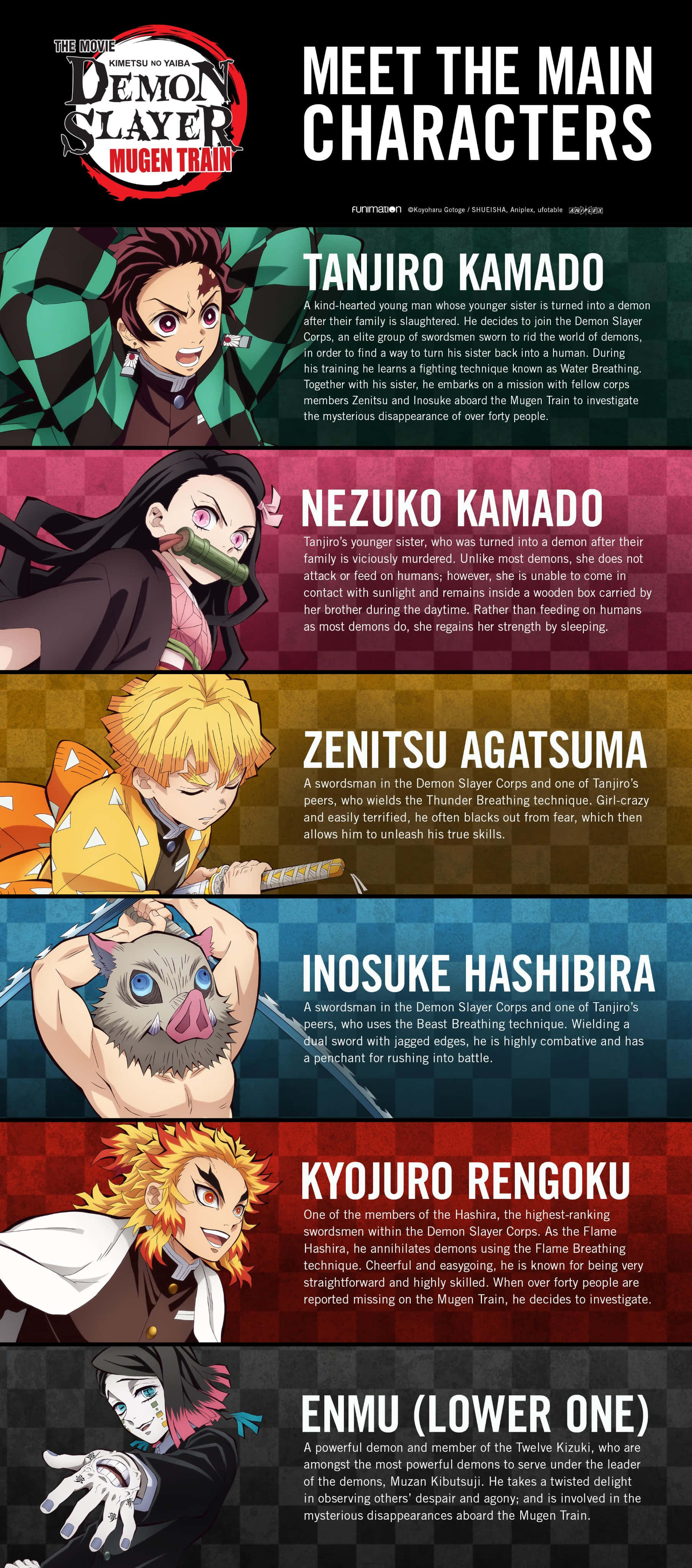 Demon Slayer Characters 桌布 壁紙 — 垂直資訊圖表，在彩色分段背景上介紹《鬼滅之刃》主要角色及其肖像和簡介。