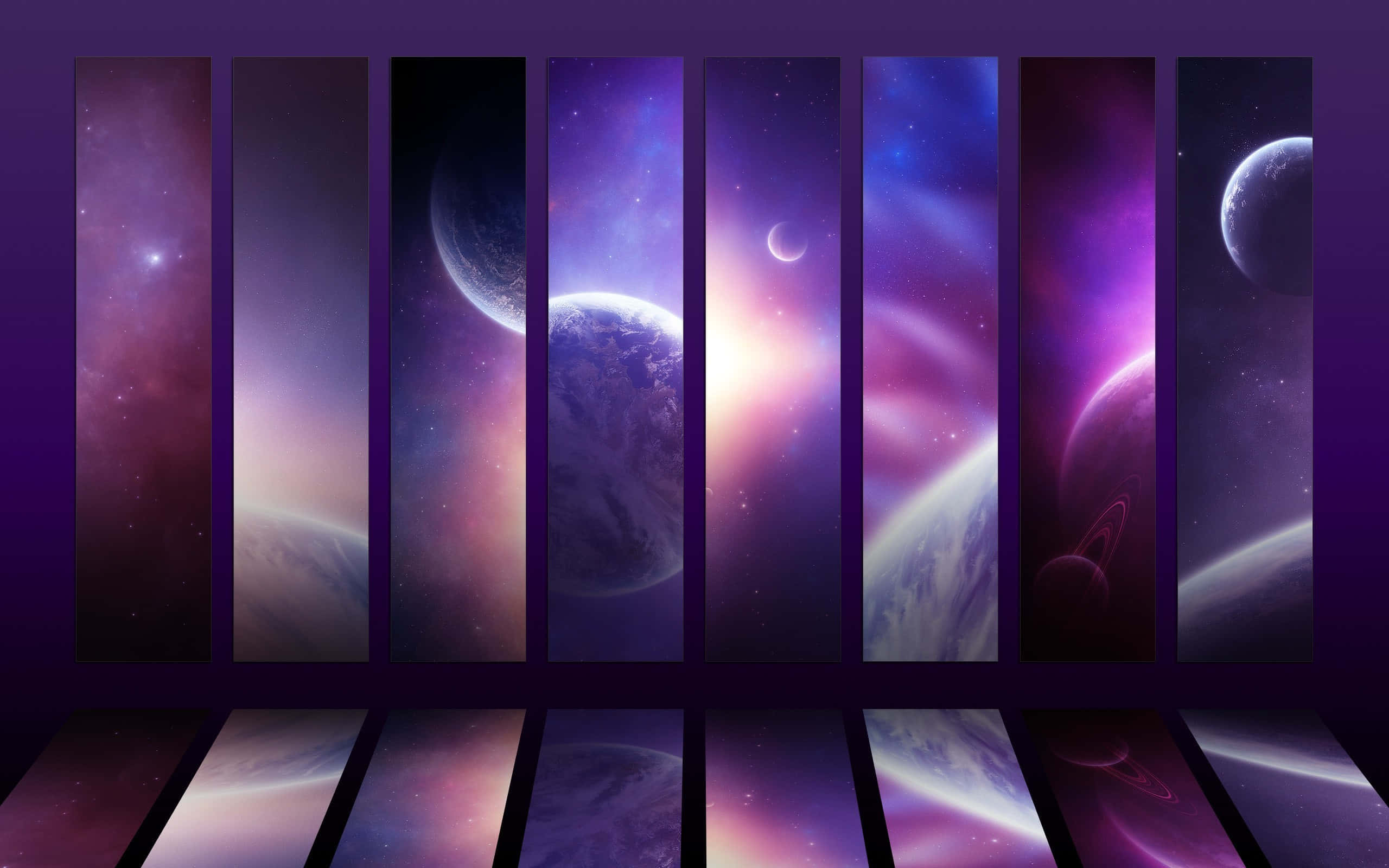 Galaxy Artwork 桌布 壁紙 — 垂直面板展示充滿活力的宇宙場景，紫色星雲、行星和衛星映襯在繁星點點的太空背景上。