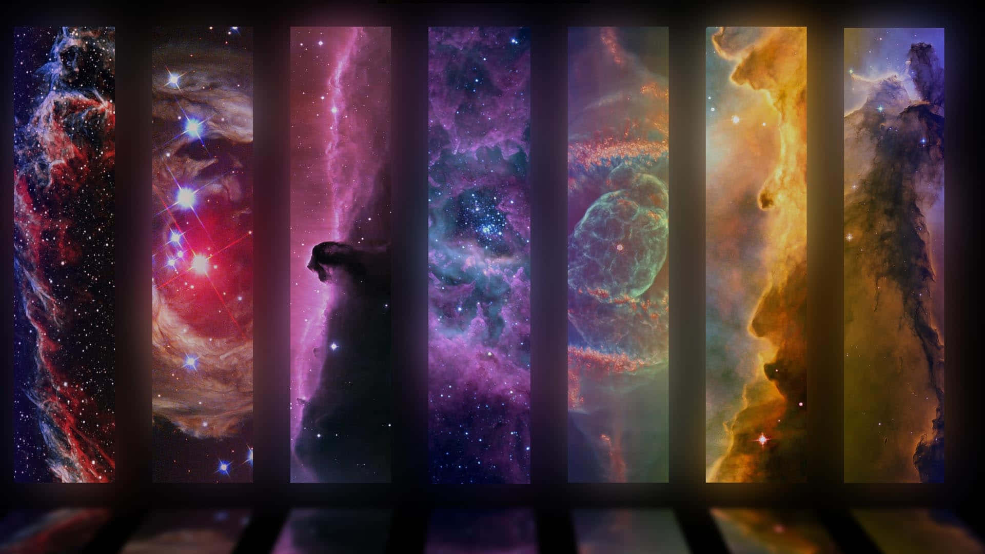 外太空 桌布 壁紙 — 垂直面板展示充滿活力的宇宙星雲，帶有發光的星星和旋轉的氣體，呈現紫色、紅色和橙色色調。