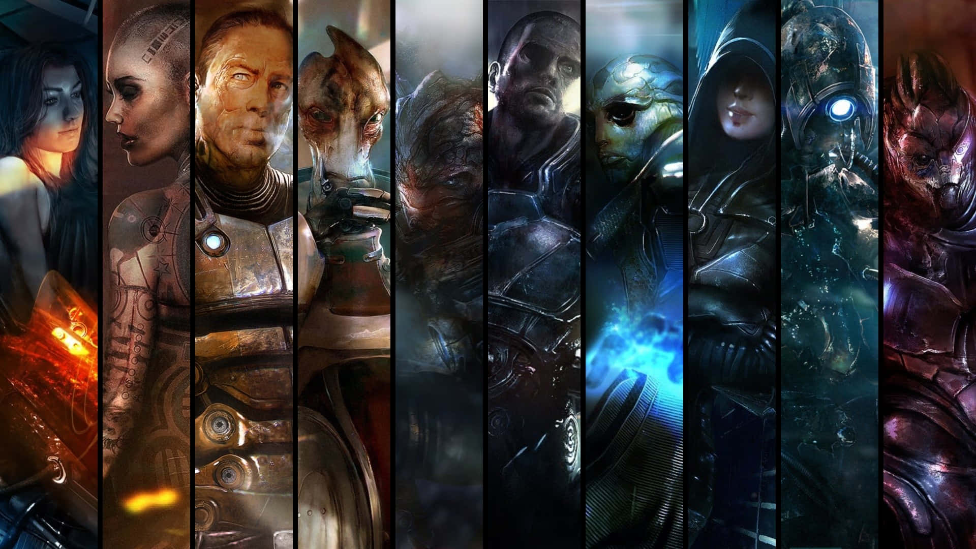 Mass Effect Characters 桌布 壁紙 — 垂直面板展示各種科幻角色，配備賽博增強和發光技術，處於黑暗氛圍的環境中。