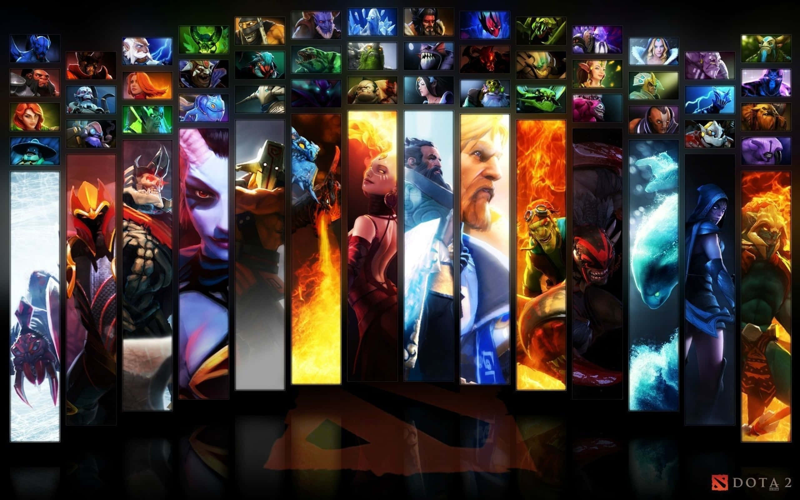 Dota 2 Heroes 桌布 壁紙 — 垂直面板展示多種Dota 2英雄，在黑暗背景上帶有火焰般的發光效果。