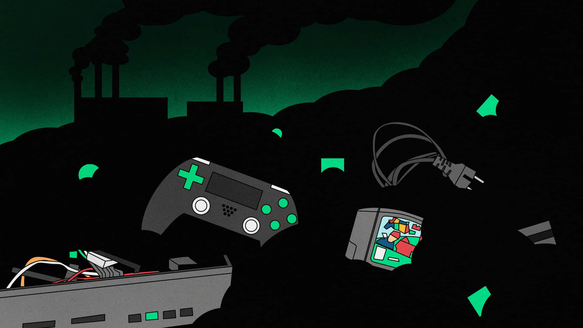 遊戲設備在煙囪上方的有毒綠色煙霧中飄浮。