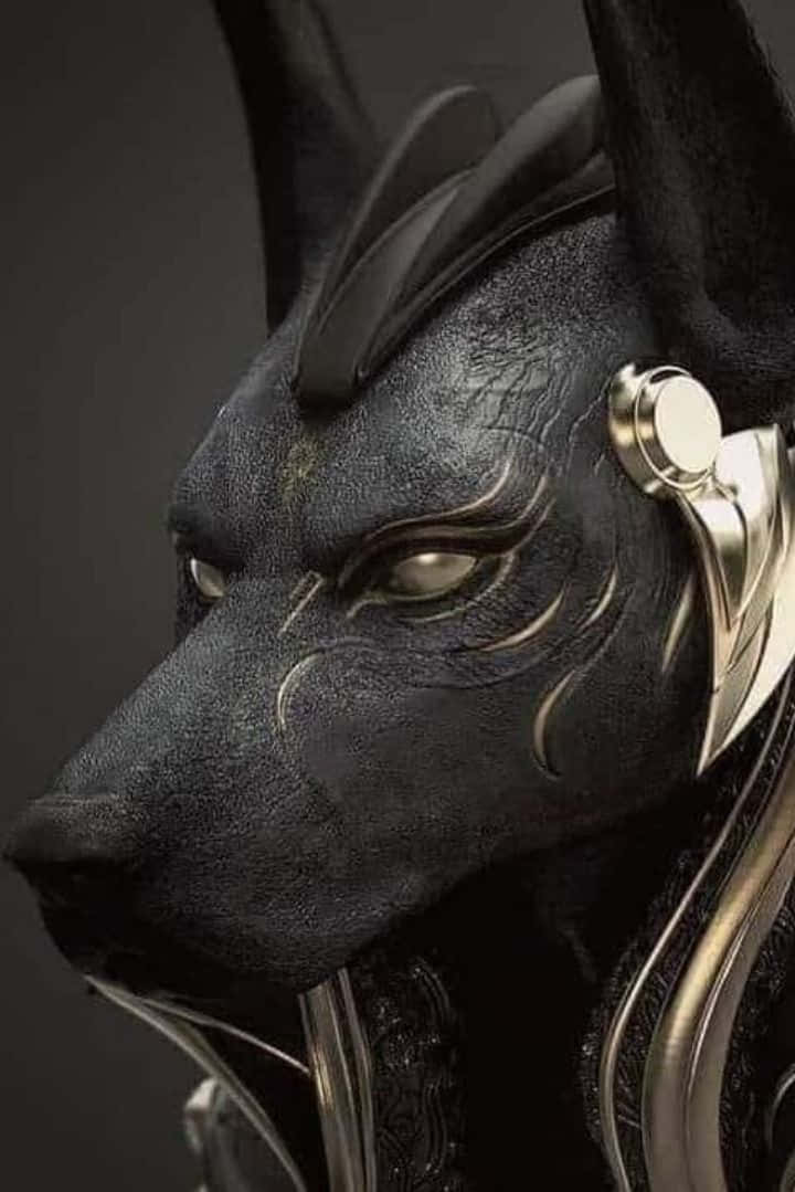 黑色犬頭人物，金色盔甲，發光眼睛。