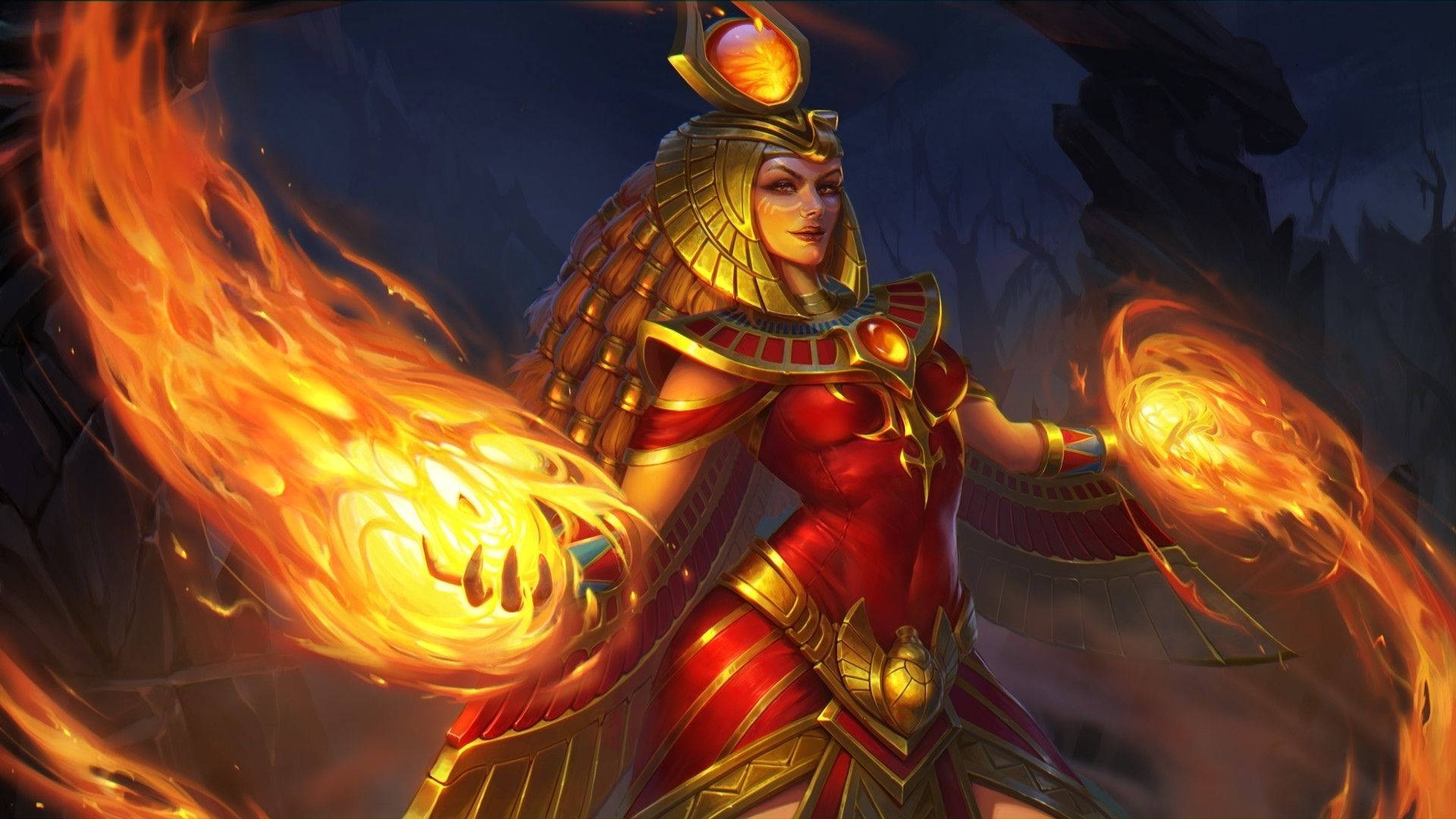 在黑暗神秘環境中使用火焰魔法的埃及女神