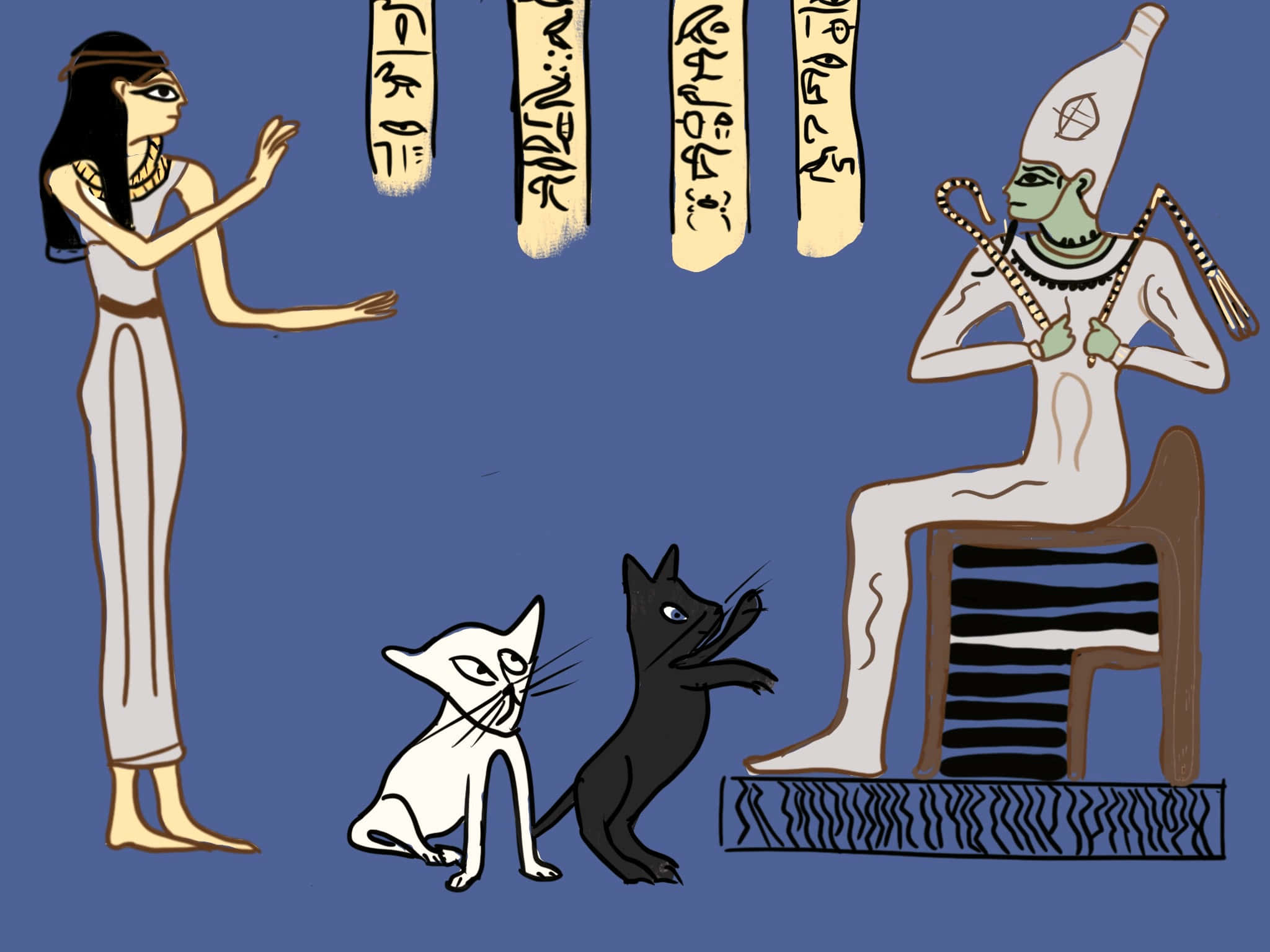 埃及貓與法老象形文字圖像 壁紙 — 一個古埃及場景，描繪一名女子和一位坐著的神祇，兩側各有兩隻貓，背景為藍色並帶有象形文字。