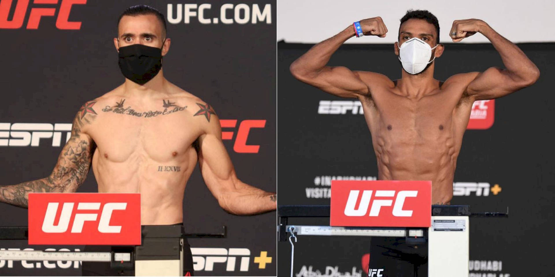 兩名赤裸上身的UFC拳手在稱重活動中展示肌肉，戴著口罩。