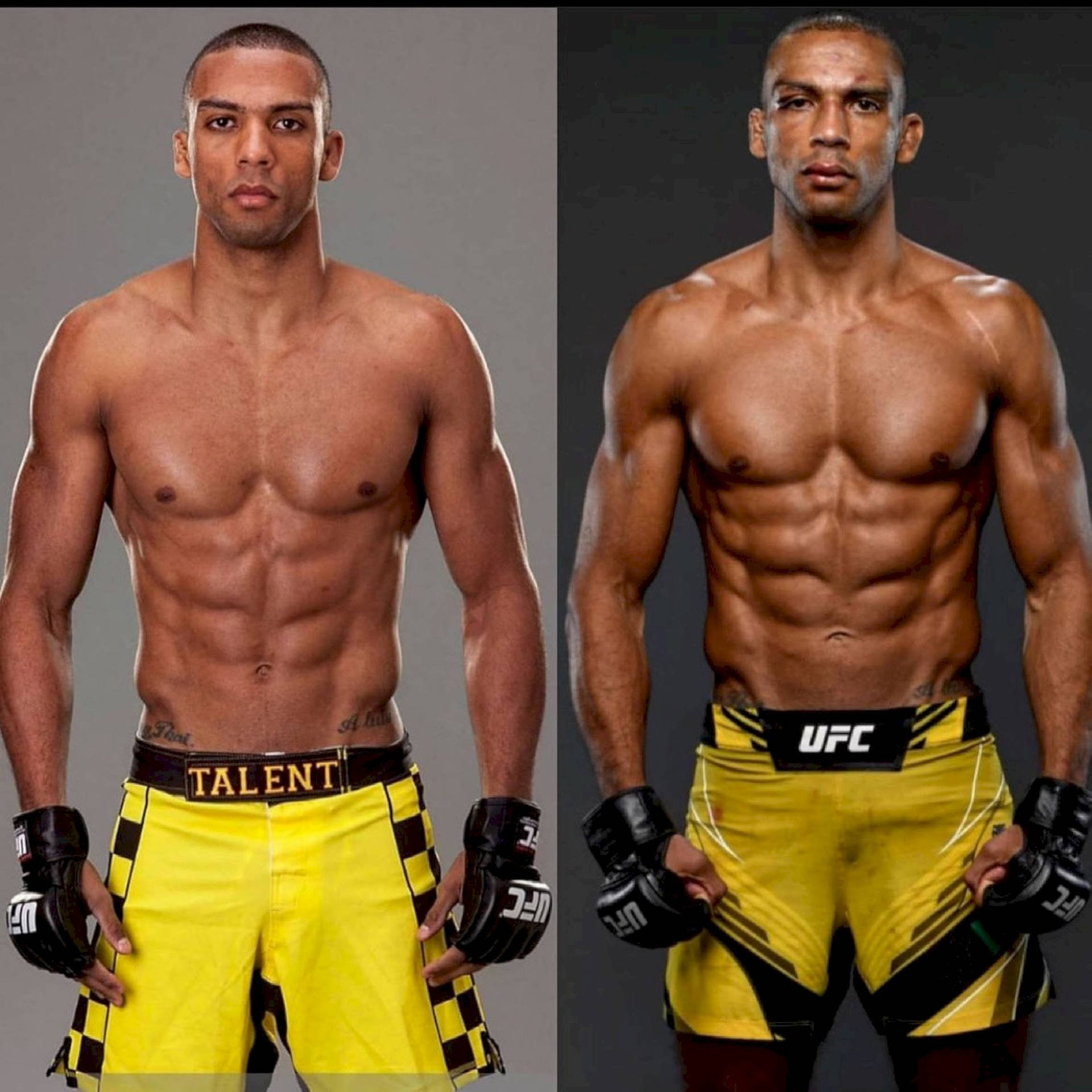 兩名赤裸上身的男性MMA拳手穿著黃色短褲和手套，為肖像照擺姿勢。
