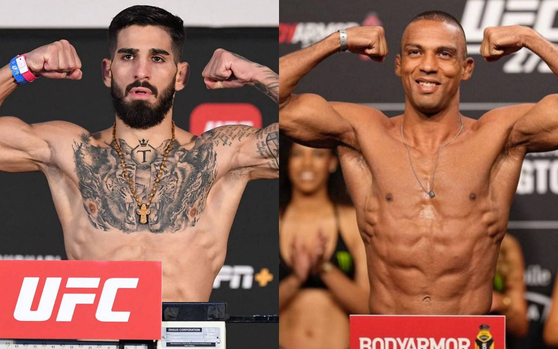 兩名赤裸上身的男性UFC拳手在稱重活動中展示肌肉。