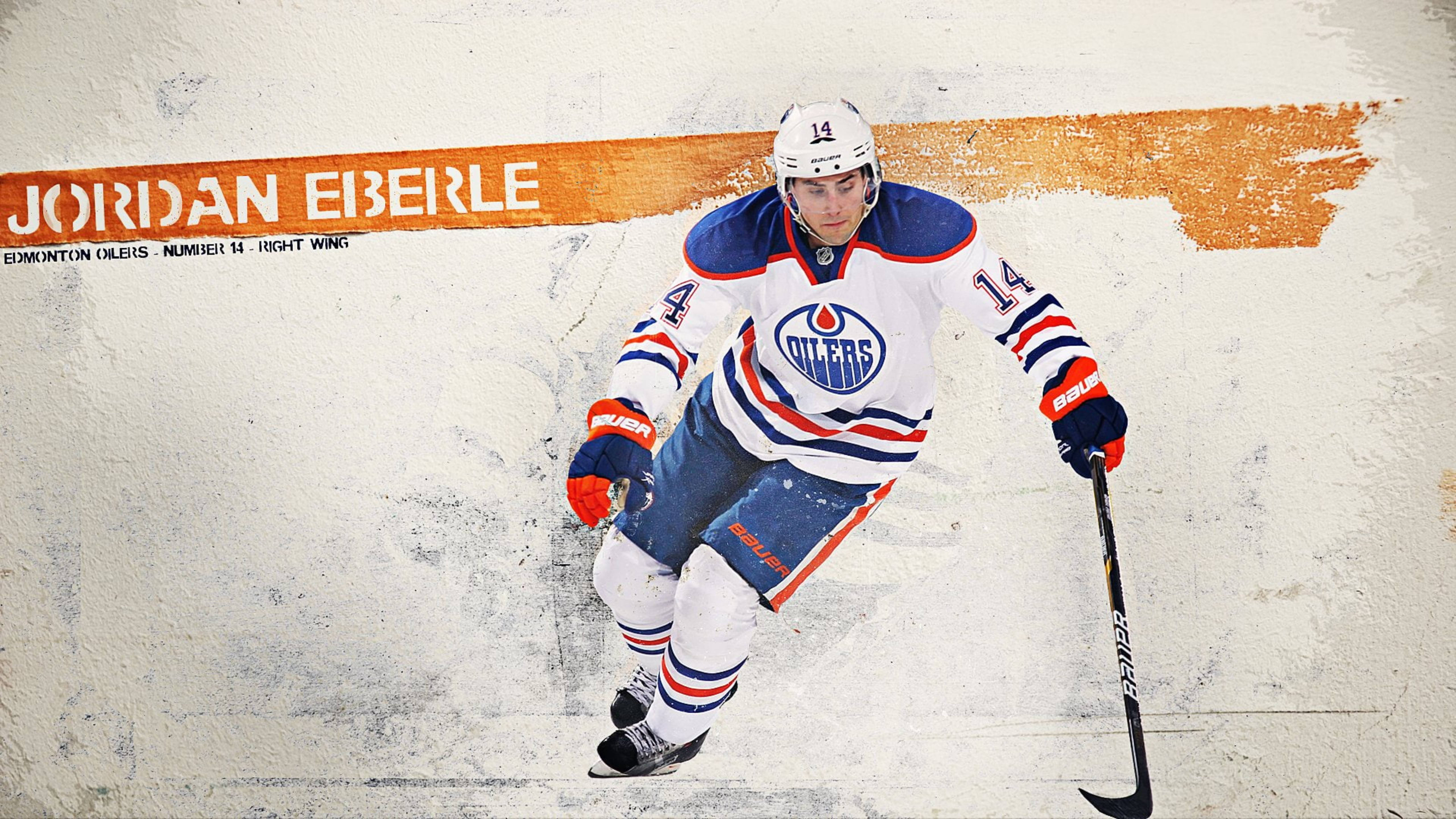 埃德蒙頓油人隊NHL 右翼艾伯利 壁紙 — 冰球運動員Jordan Eberle身穿愛民頓油人隊制服，在紋理牆壁背景前動態溜冰。