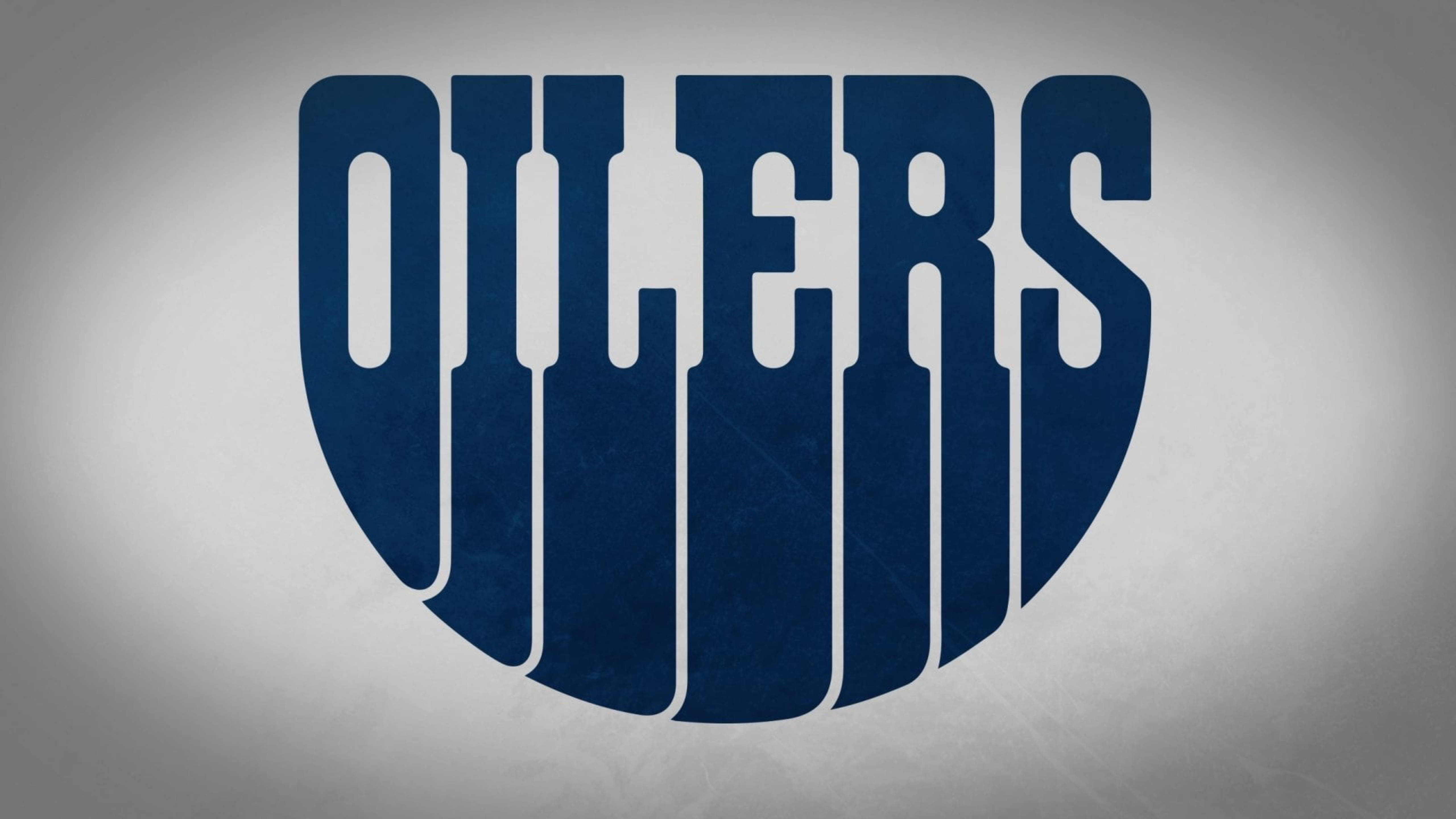 埃德蒙頓油人隊NHL極簡藍色 壁紙 — 大膽嘅海軍藍色 'OILERS' 文字以盾牌形狀喺有紋理嘅灰色背景上突出顯示。