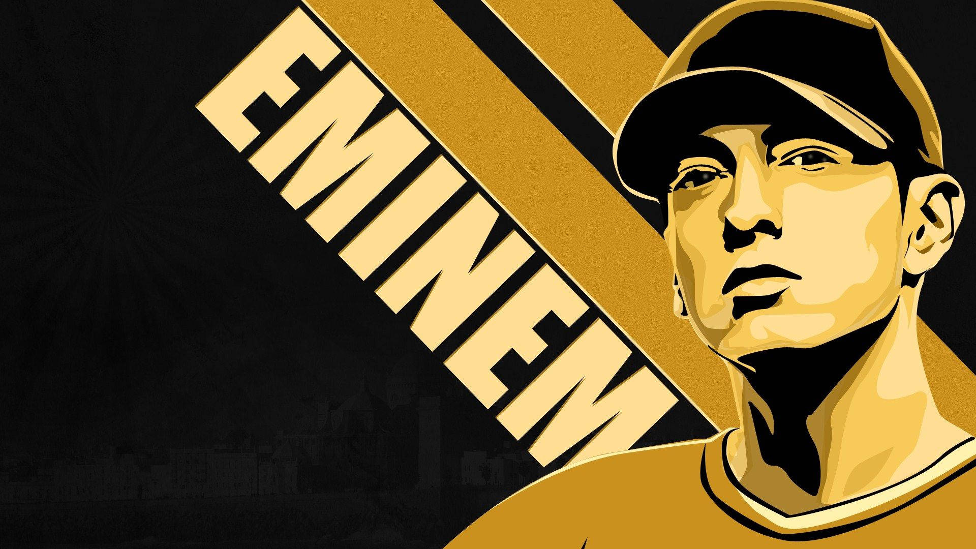 Eminem 的金色和黑色肖像插圖，他的名字以區塊字母呈現。