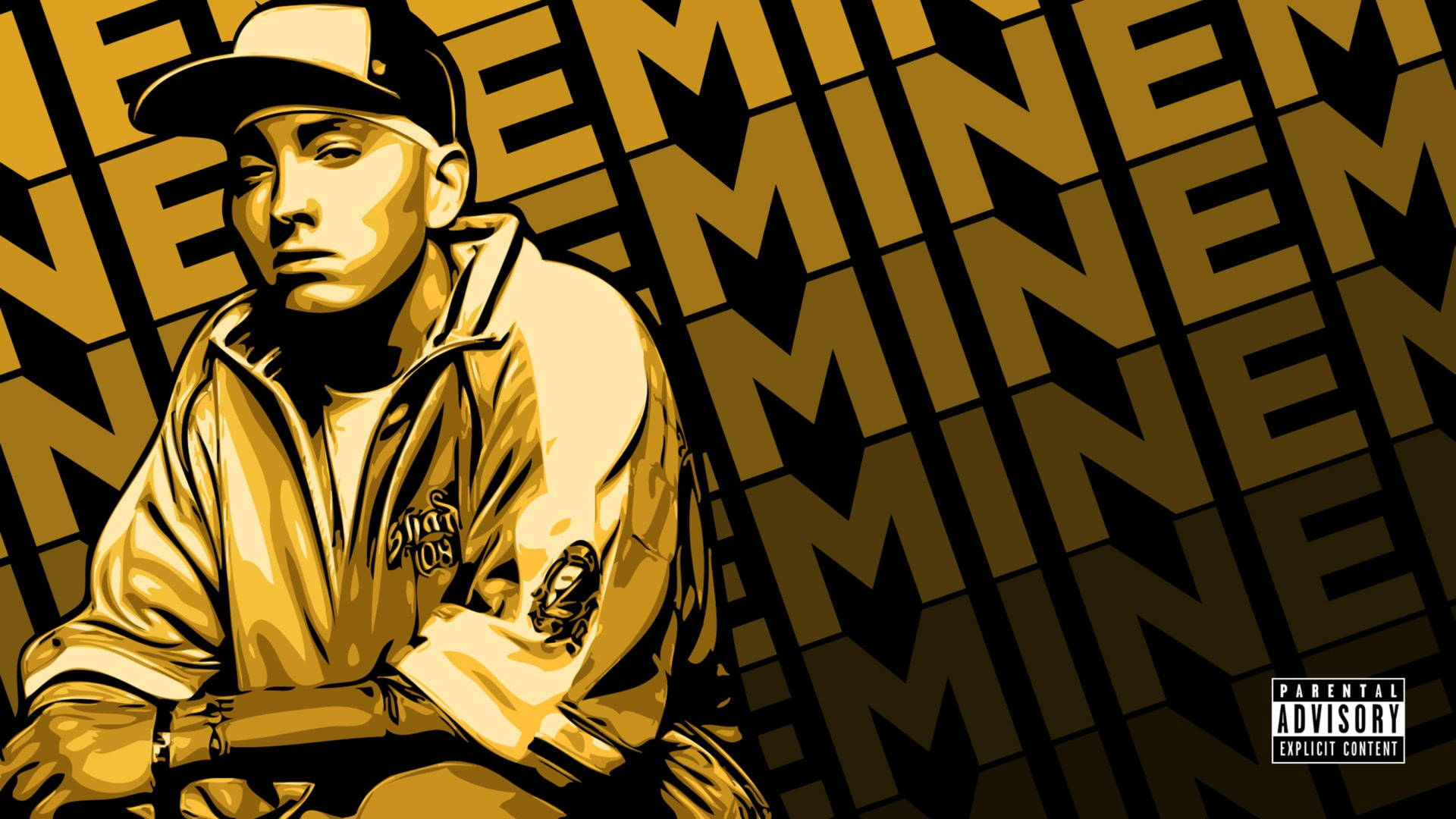 Eminem 的金色和黑色插圖，帶有重複的名字背景和家長指引標籤。