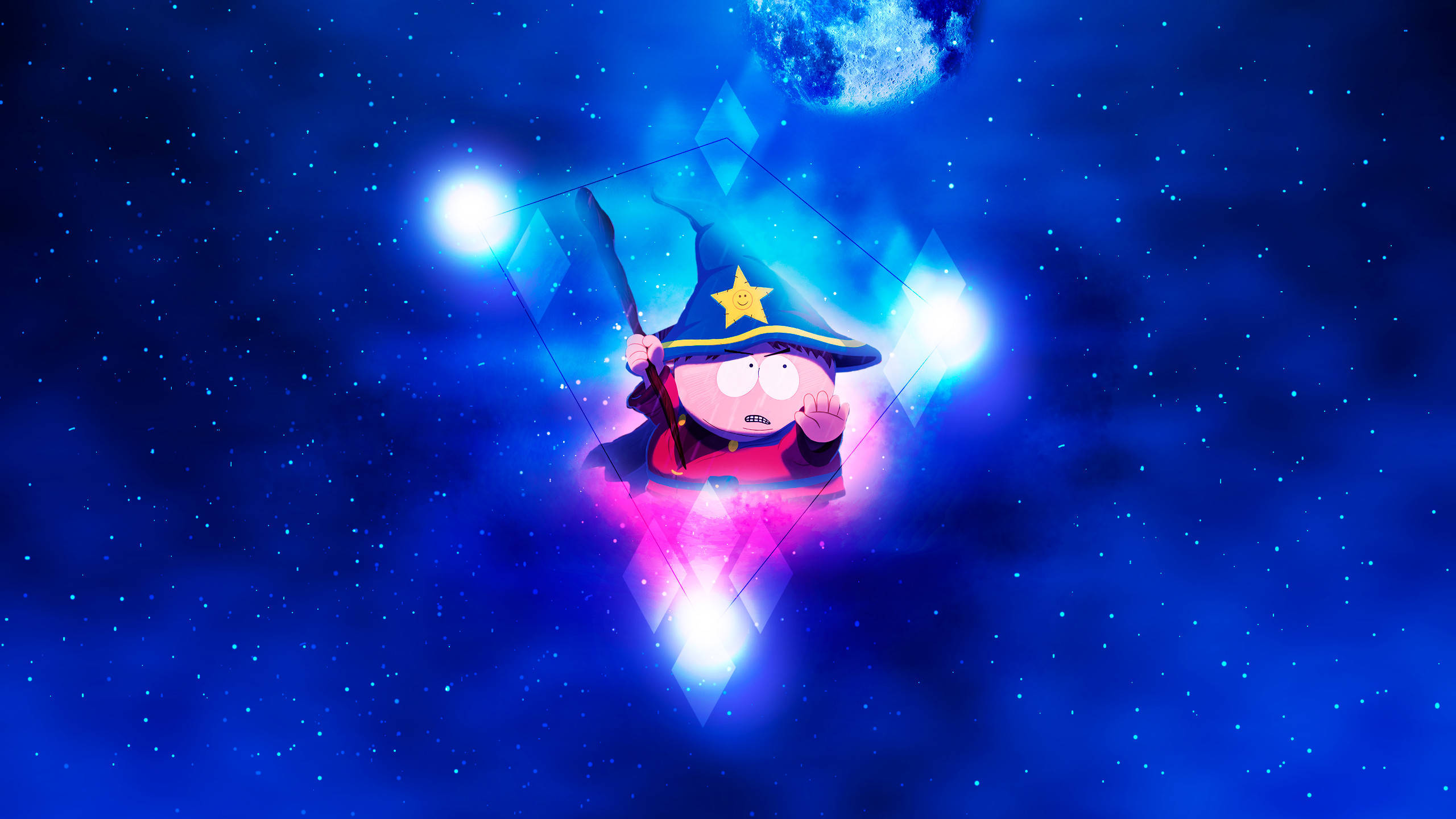 埃里克·卡特曼星際魔法巫師 壁紙 — 卡通巫師在繁星點點的藍色天空中，周圍環繞著發光的魔法光芒和滿月。