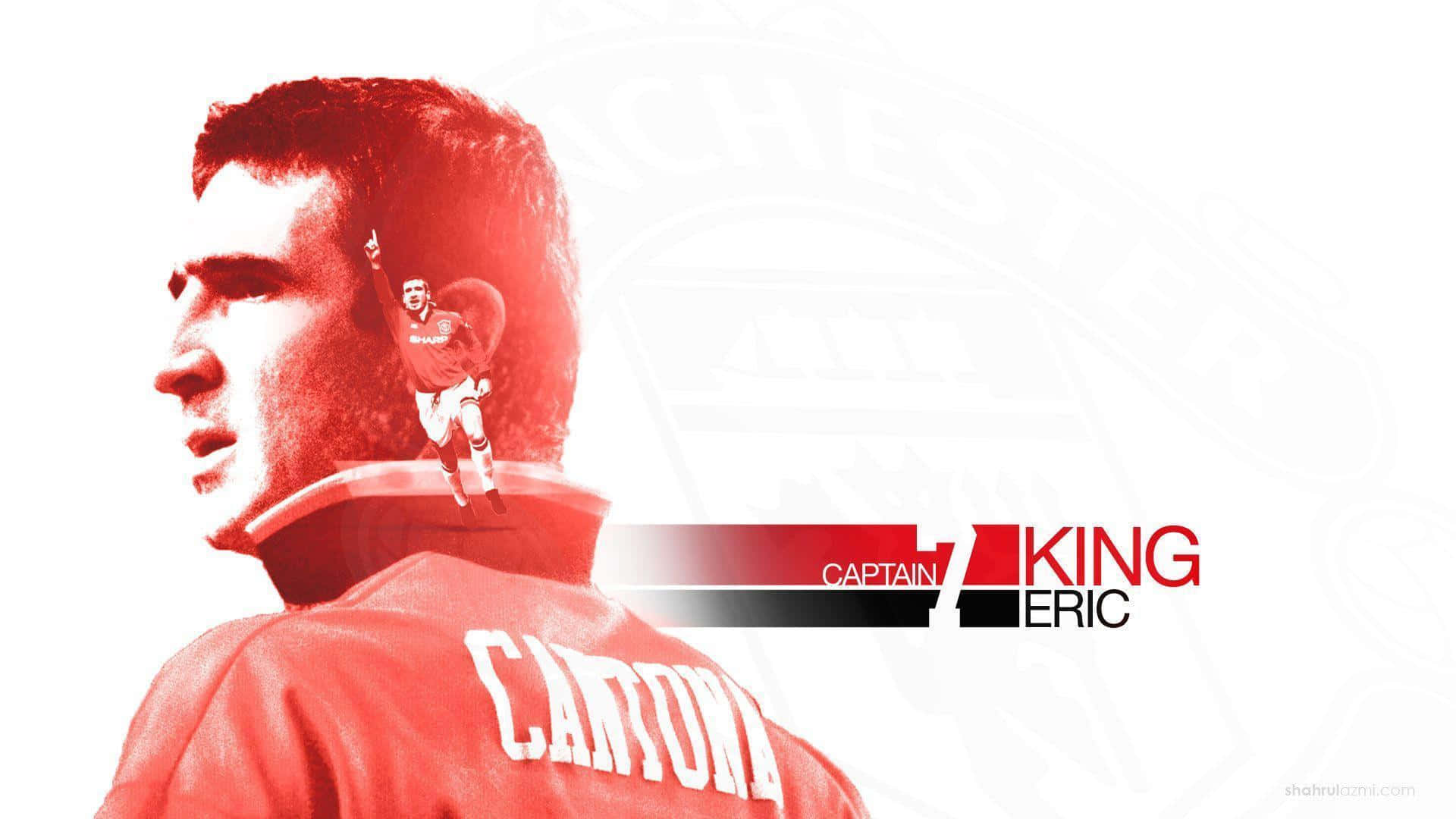 足球員 Eric Cantona 的紅白圖形肖像，帶有 'Captain King' 文字。