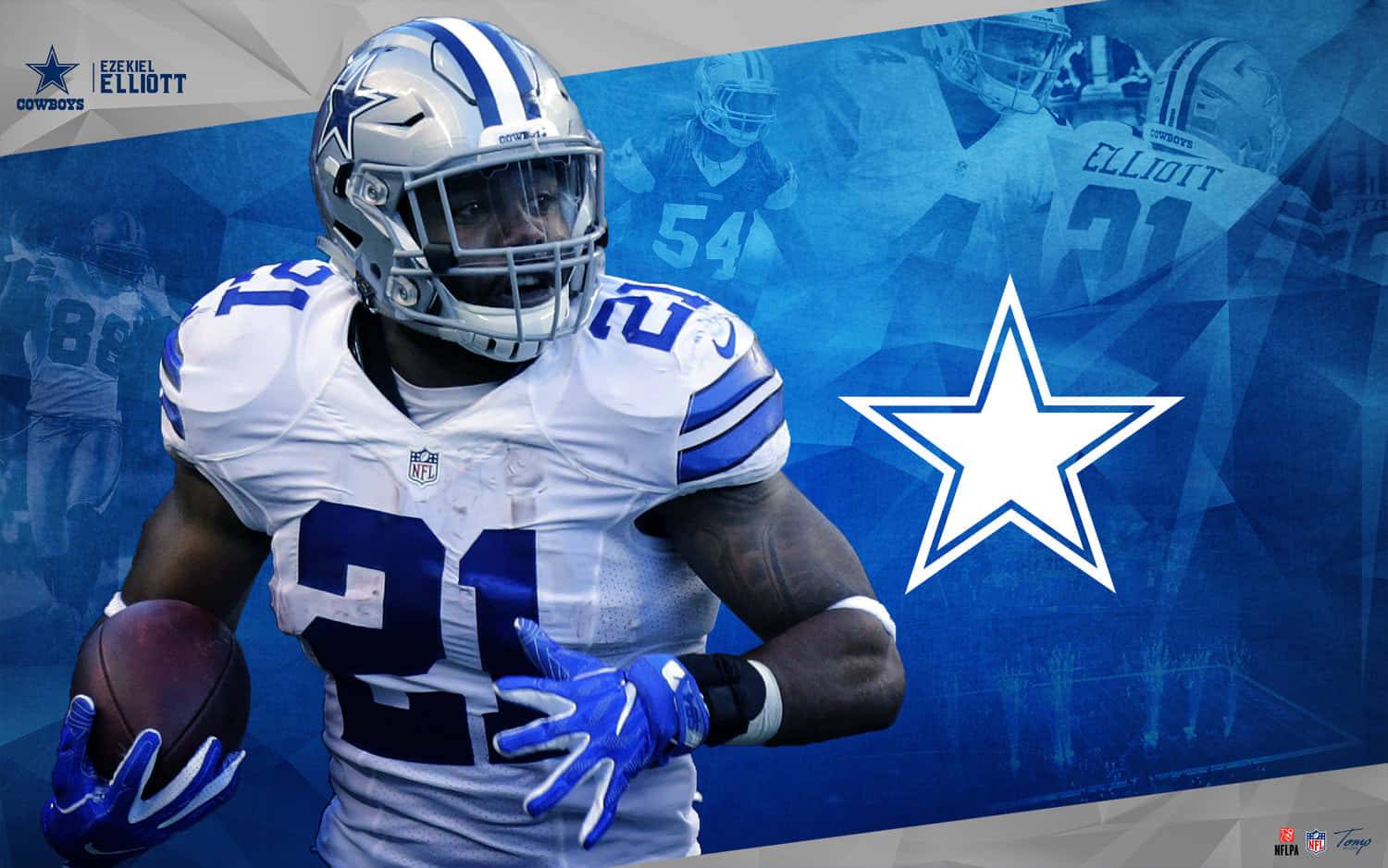 達拉斯牛仔隊橄欖球運動員 Ezekiel Elliott 手持橄欖球動作中。