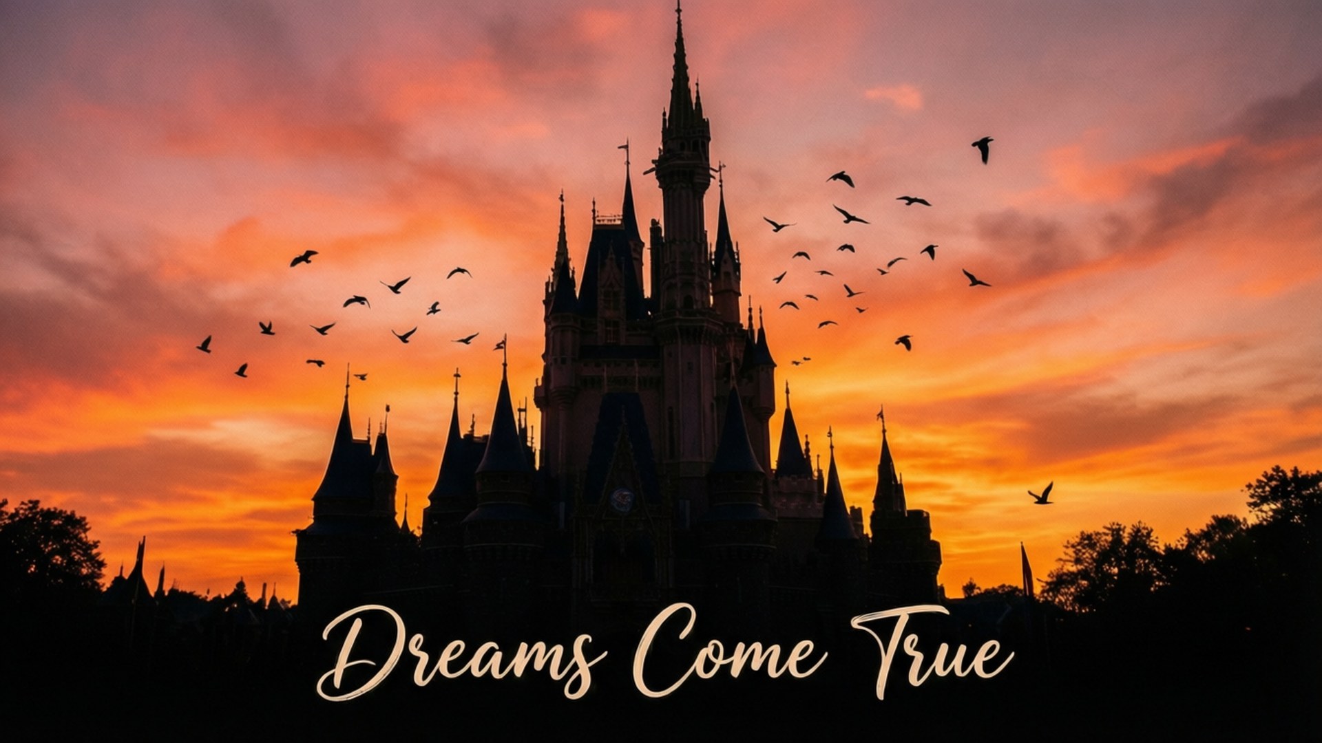 夕陽下的城堡剪影，飛鳥和文字 Dreams Come True