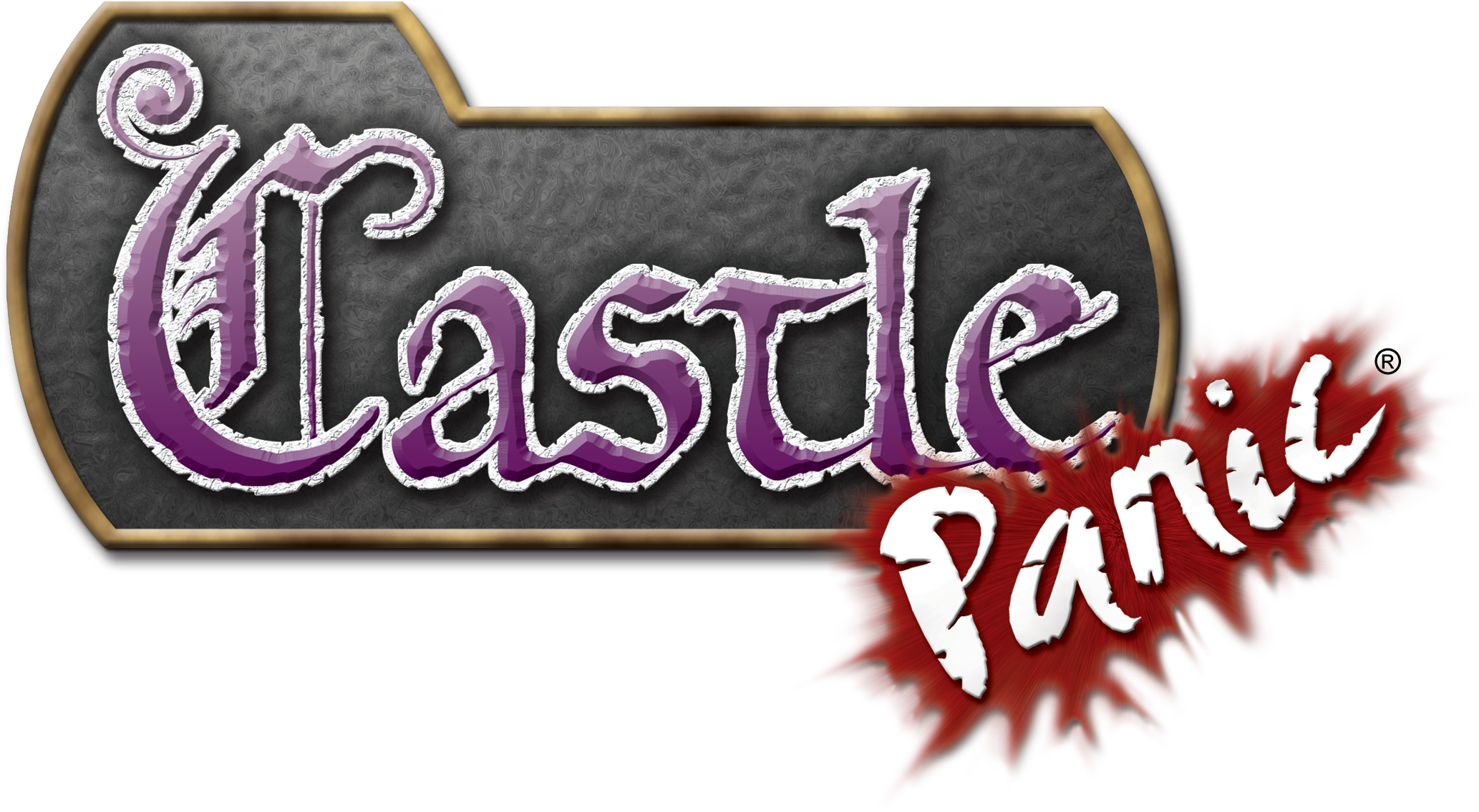城堡危機棋盤遊戲標誌 壁紙 — Castle Panic 的風格化標誌，紫色哥德式字體刻在石牌上，'Panic' 部分帶有紅色濺墨效果。
