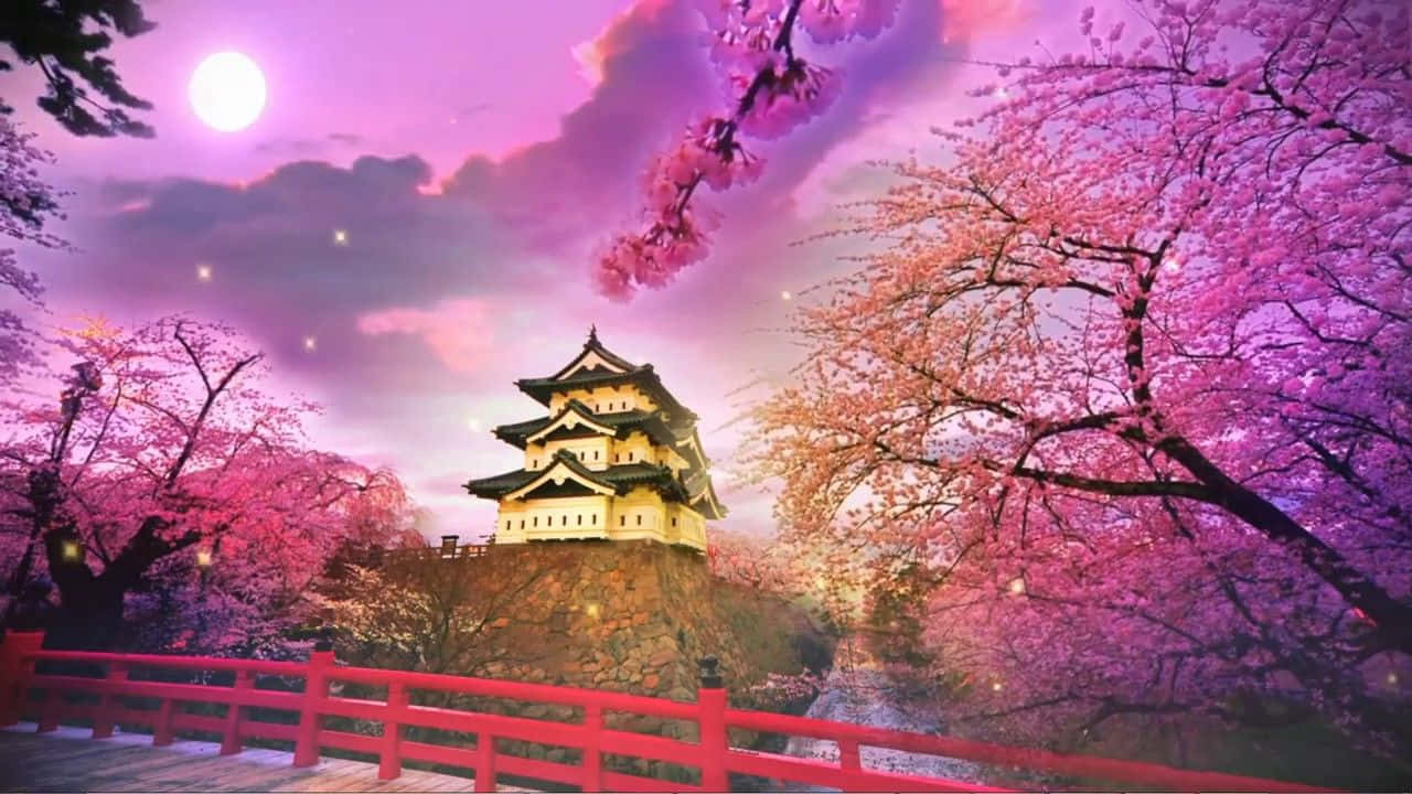 滿月下閃耀的日本城堡，周圍環繞著粉紅色櫻花和一座紅色橋樑。