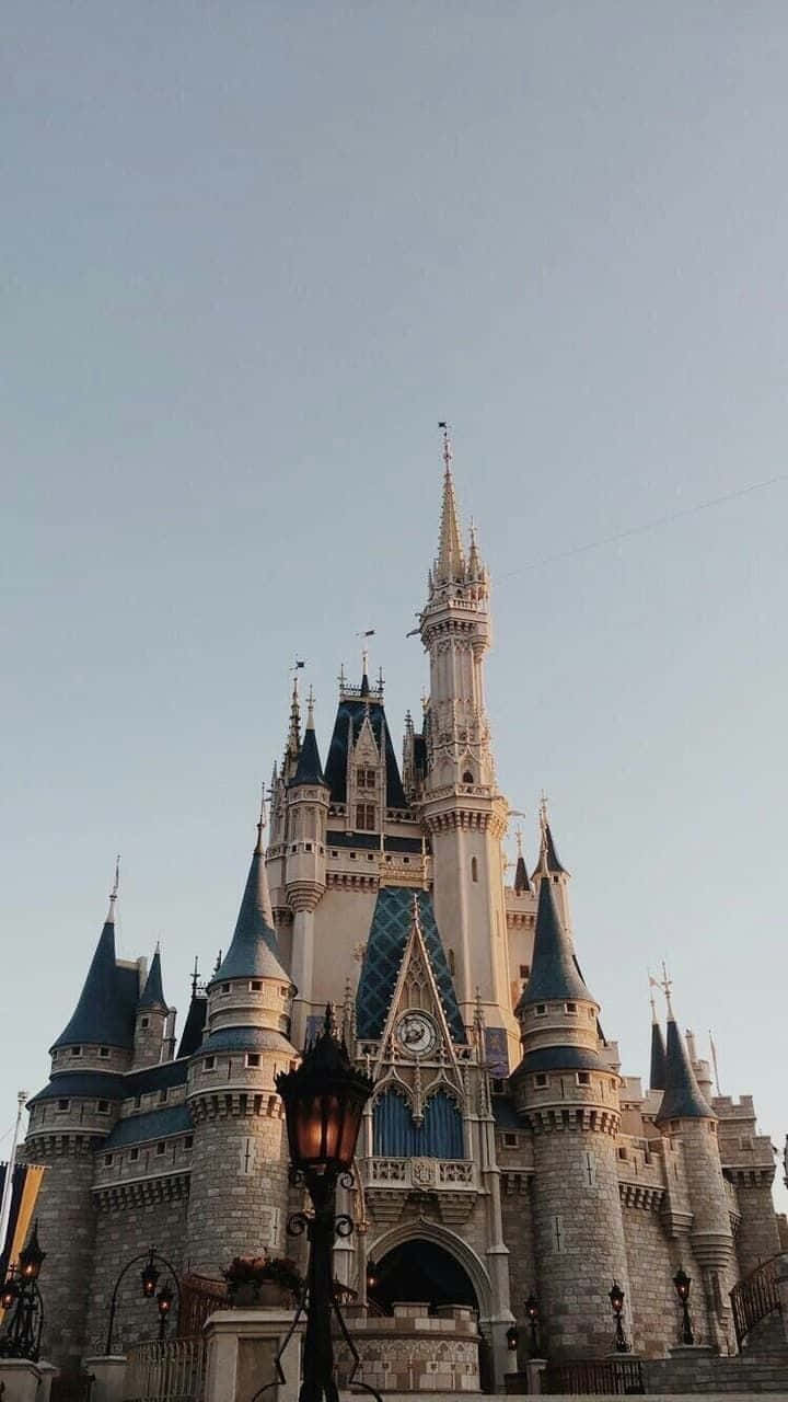 黃昏時的迪士尼城堡，藍色屋頂和石塔在蒼白的天空下。