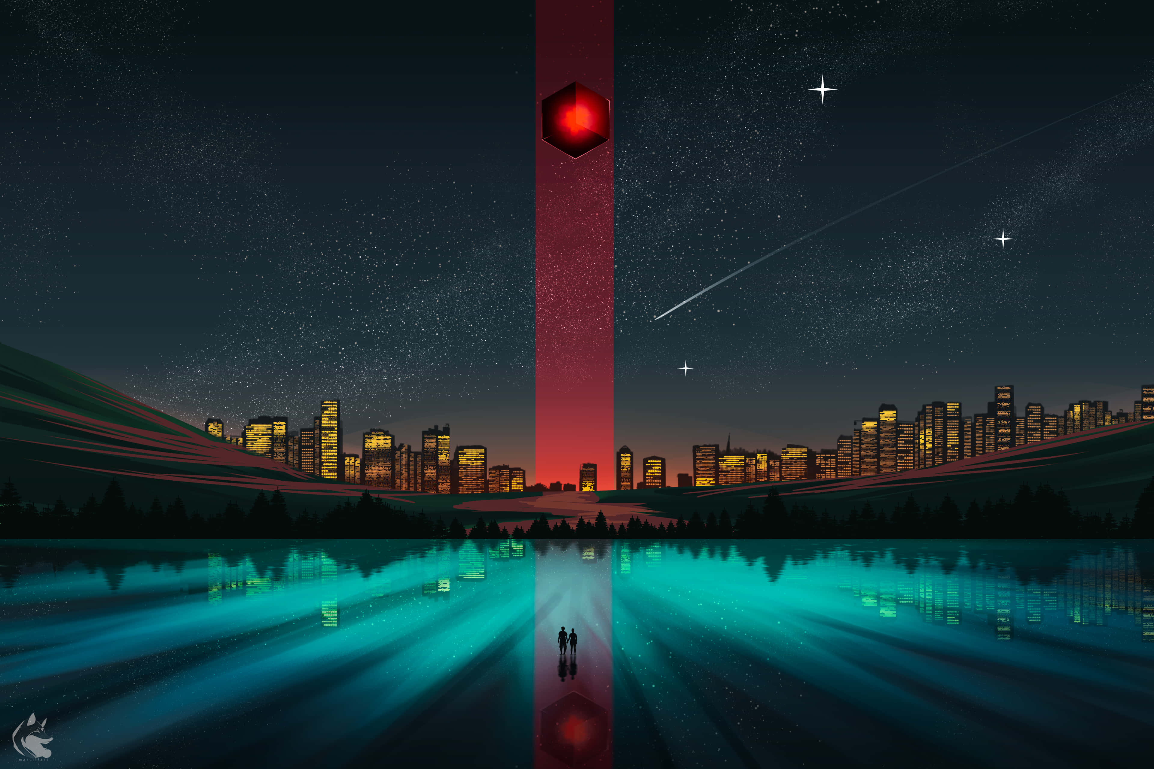 城市上空亮起紅光 壁紙