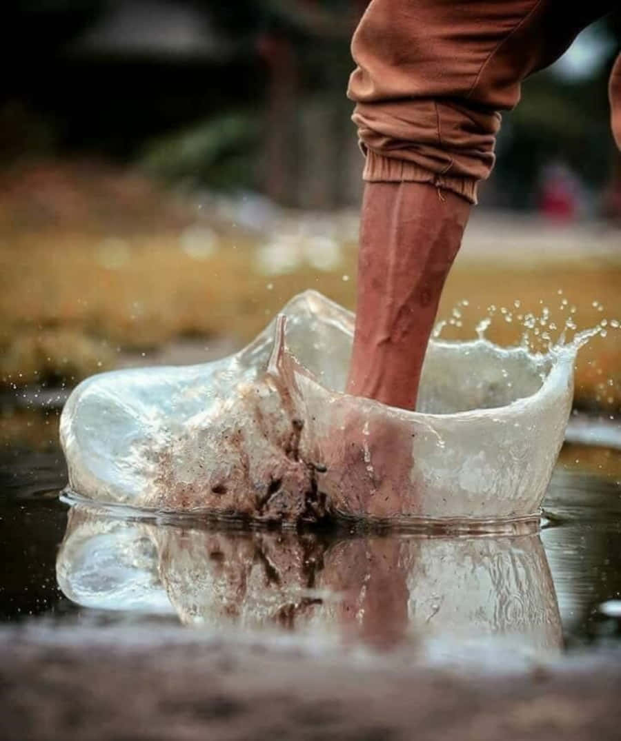 一個人穿著透明雨靴踏入泥濘的水坑。