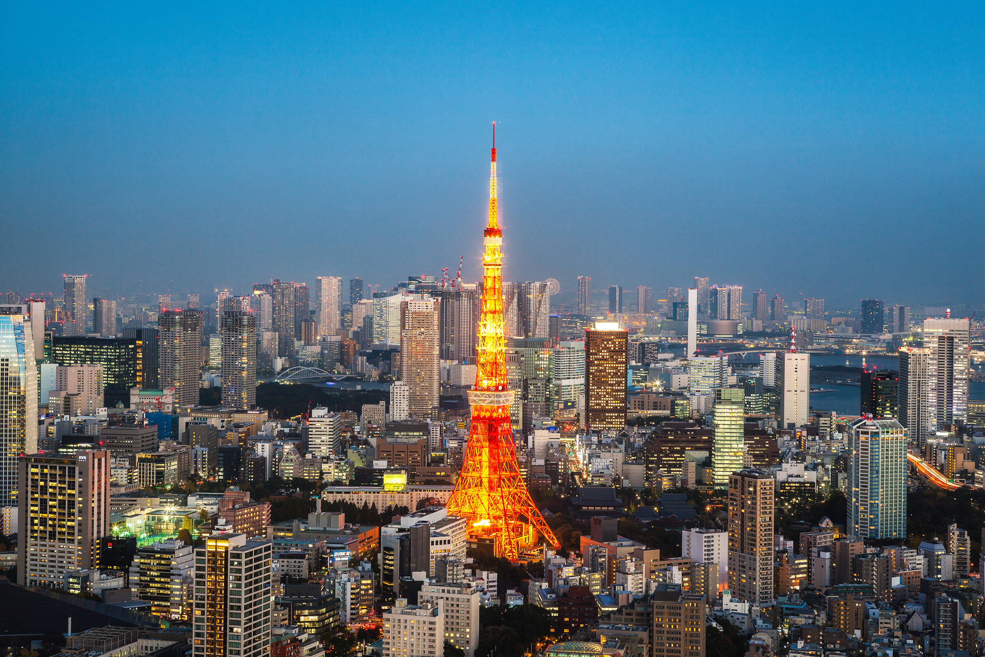 城市中央的東京塔 壁紙 — 東京鐵塔在深藍色的暮色天空中溫暖地發光，下方是廣闊的都市景觀，高樓大廈燈火通明。