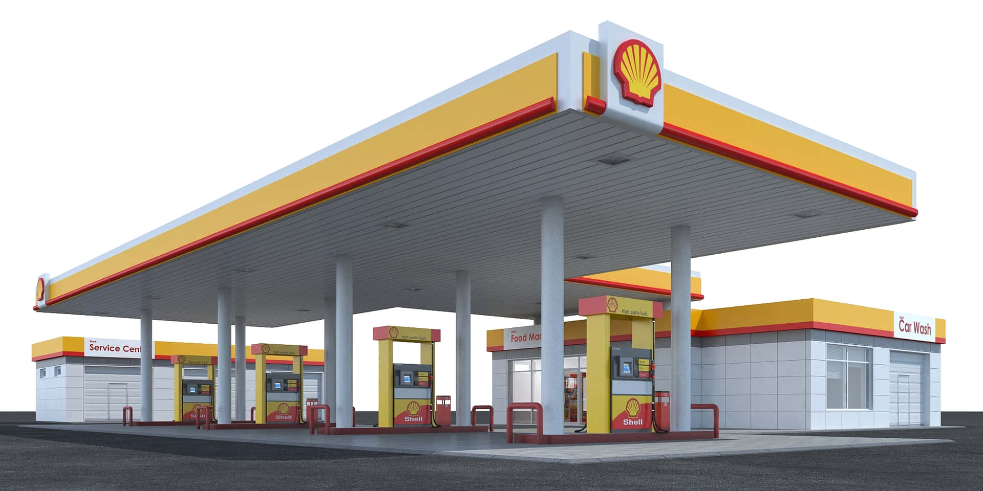 設有燃油泵、服務中心和洗車場的Shell加油站。