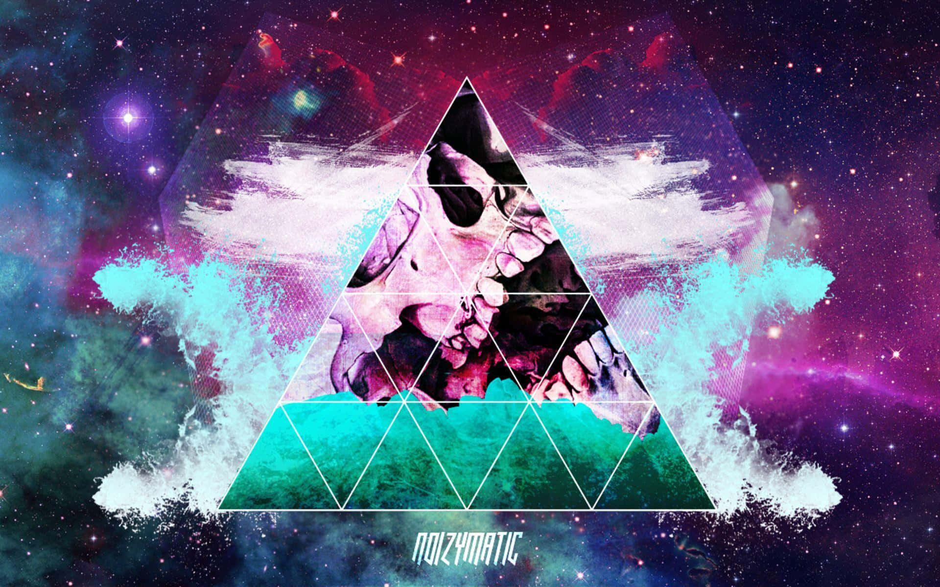 一個骷髏頭在發光的三角形內，背景是色彩繽紛的宇宙星雲。