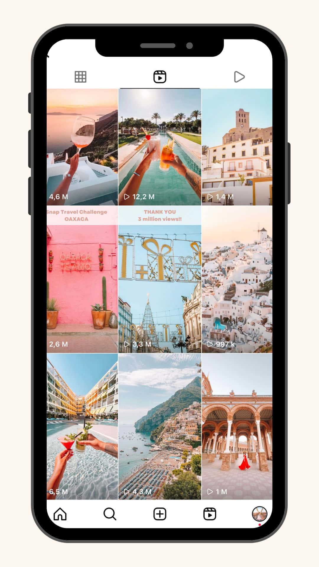 智能手機屏幕顯示Instagram旅行帖子，包含瀏覽量和讚好