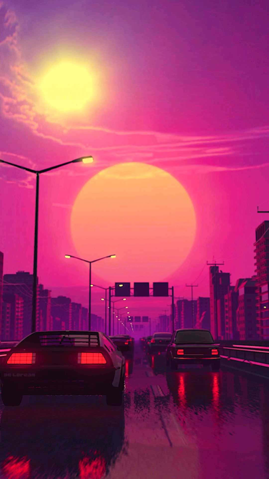 城市中的汽車與夕陽 壁紙