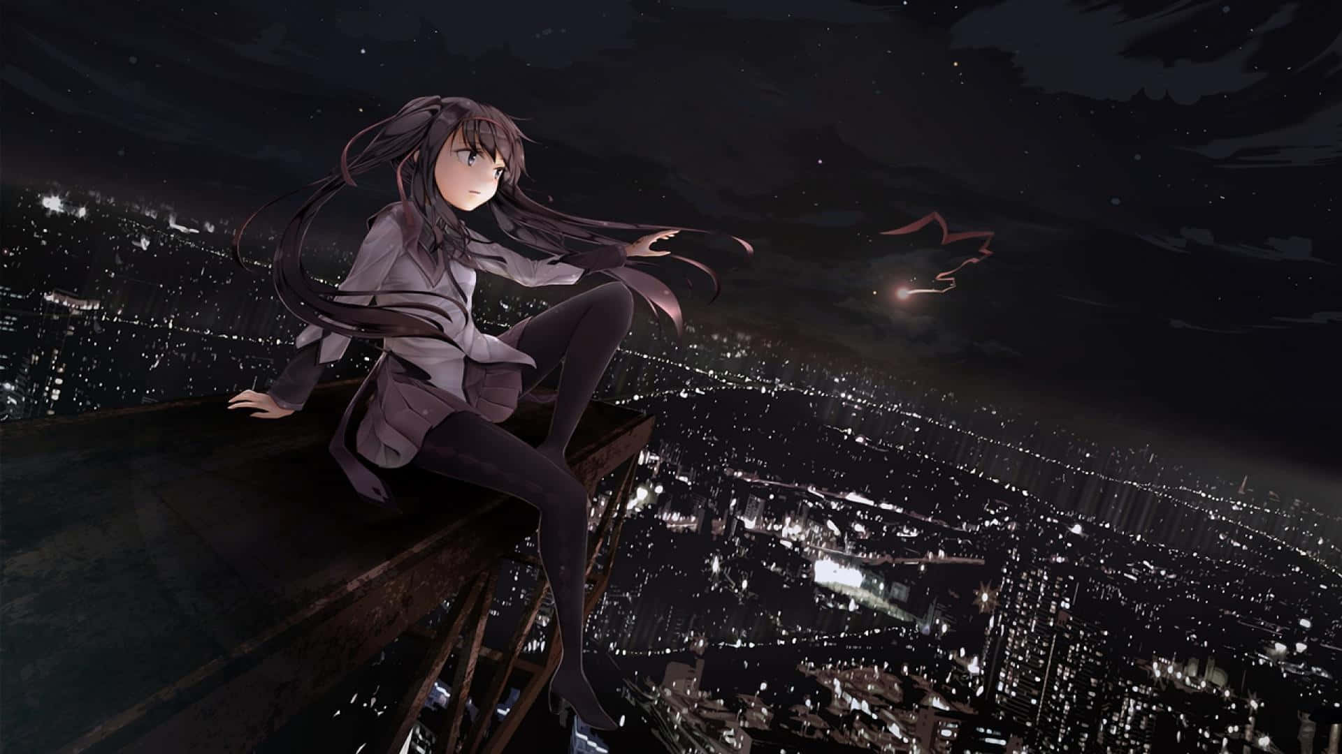 動漫女孩坐在屋頂上，在星空下俯瞰夜晚發光的城市