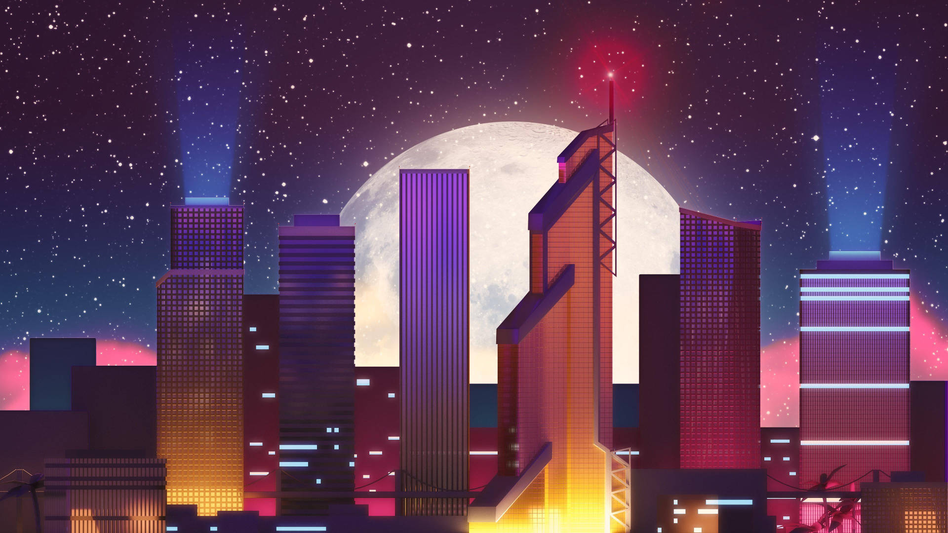 夜晚的未來城市天際線，發光的建築物和一輪滿月。