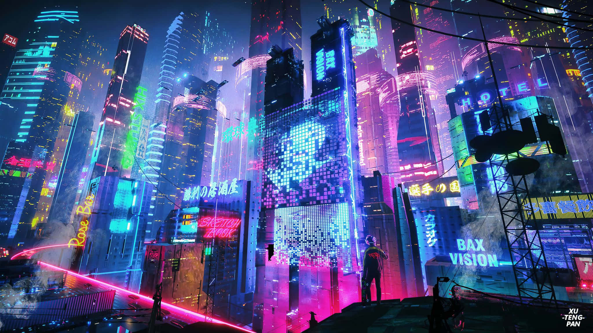 城市夜景璀璨奪目 壁紙 — 一個孤獨的身影站在屋頂上，俯瞰著夜晚霓虹閃爍的賽博龐克城市景觀，高聳的摩天大樓和發光的全息廣告牌。