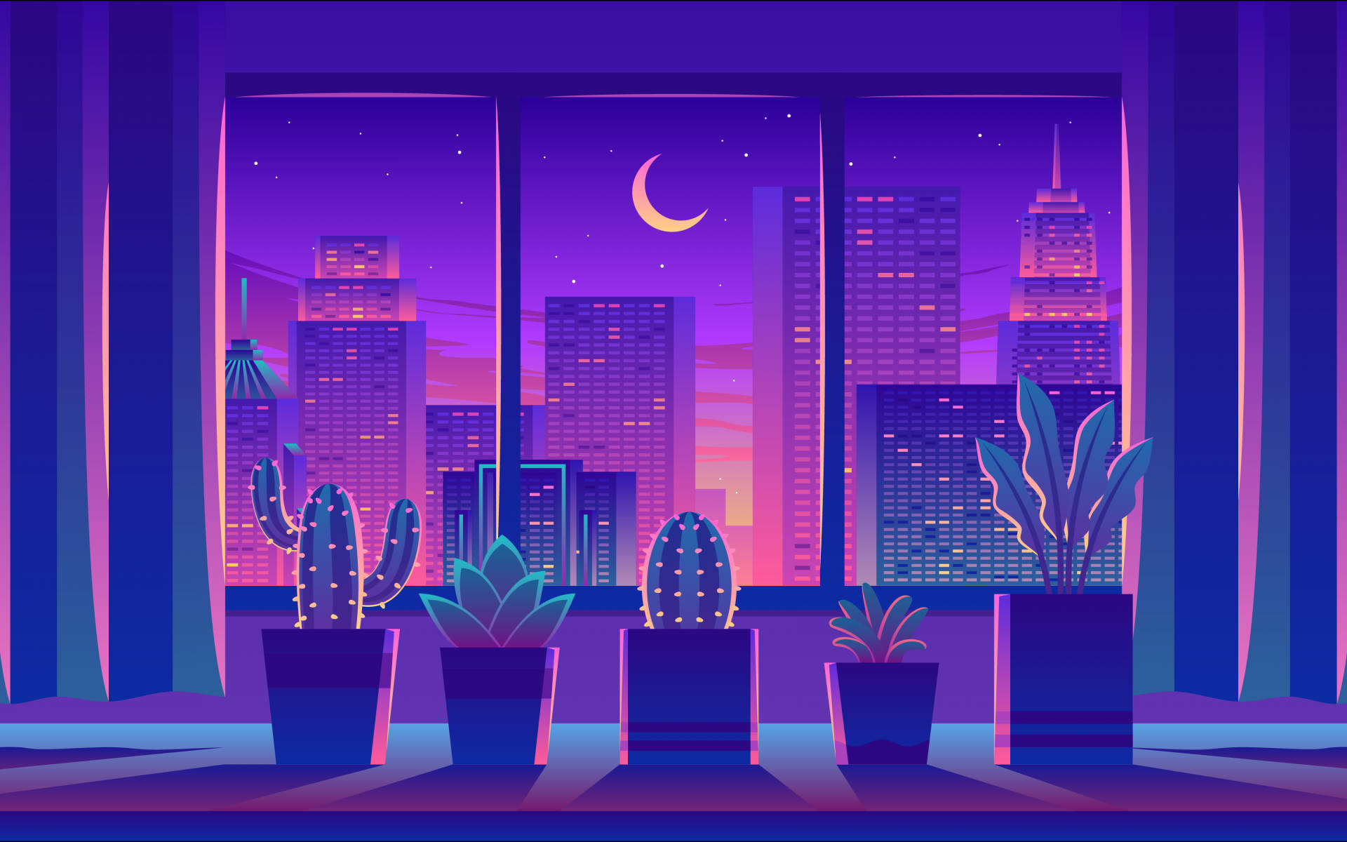 透過窗戶看到的霓虹城市景觀夜景，配有盆栽仙人掌和多肉植物。