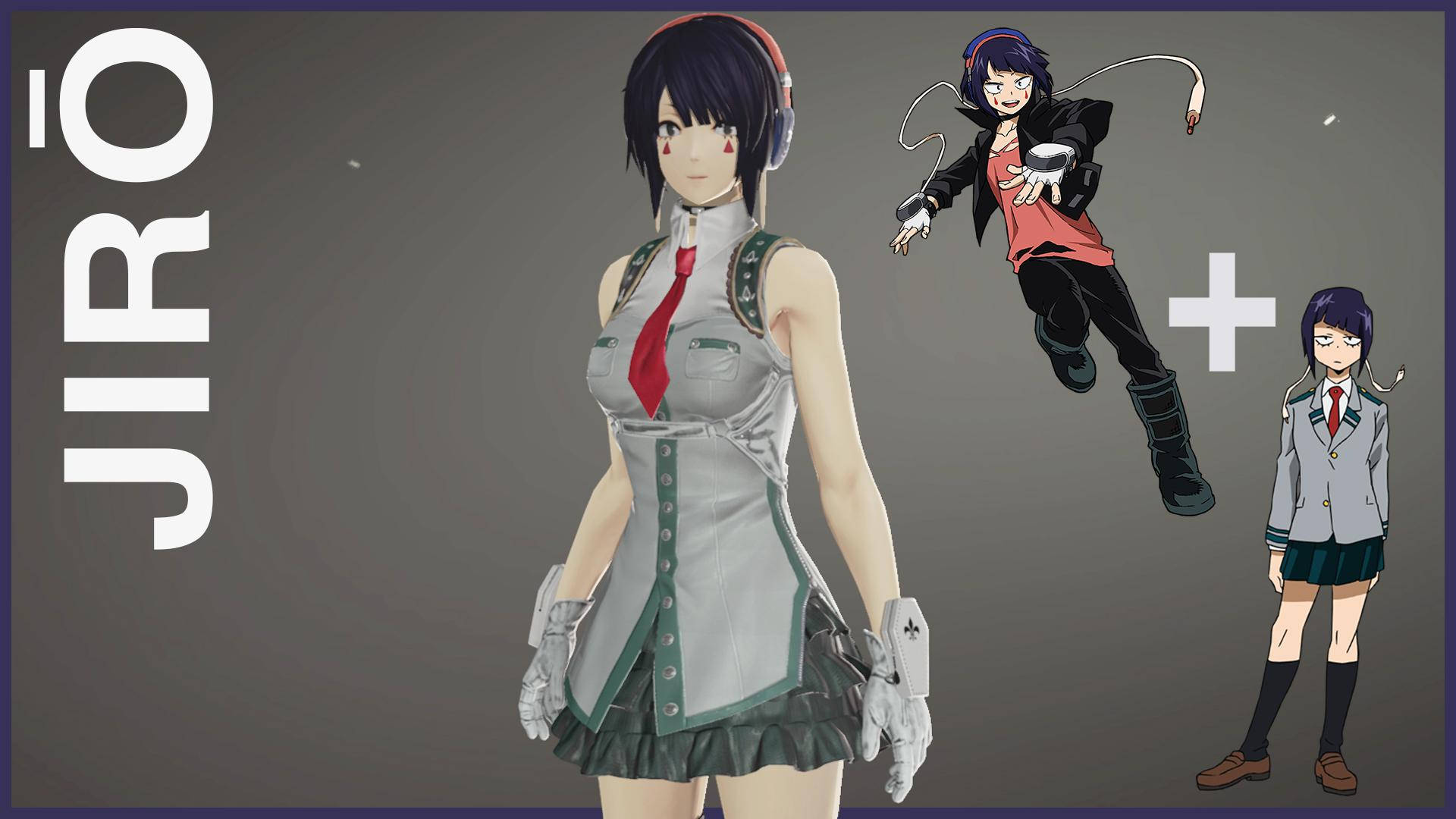 三個穿著校服、戴著耳機和紅色領帶的動漫女孩，背景是灰色。