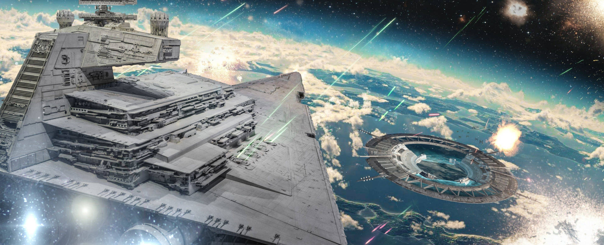 星際毀滅者戰艦在行星上空戰鬥，伴隨著雷射光束和爆炸。