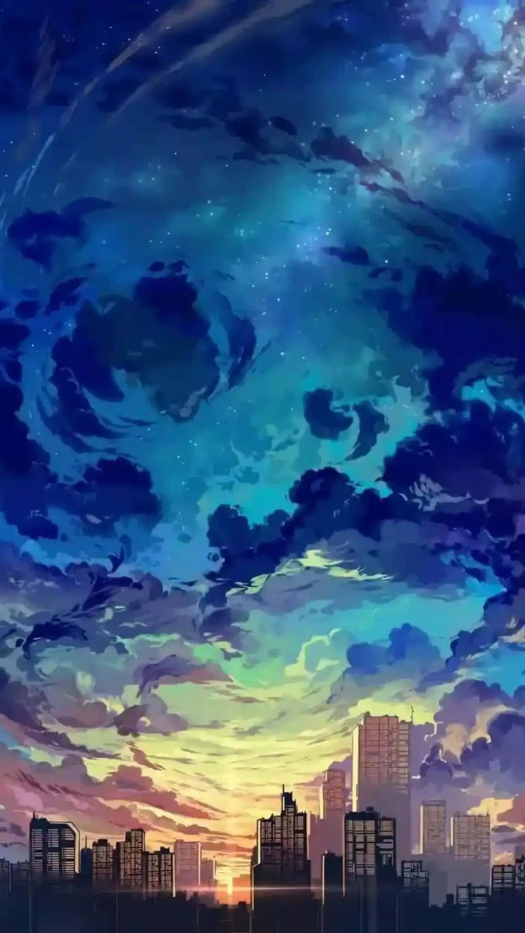 靚靚動畫 桌布 壁紙 — 城市天際線在充滿星星和星雲的漩渦宇宙天空背景下呈現剪影，色彩為深藍色和發光的黃色。