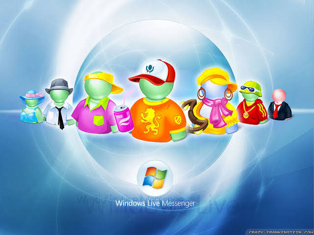 七個穿著色彩繽紛服裝的卡通頭像圍繞著一個帶有Windows Live Messenger標誌的發光藍色圓圈。