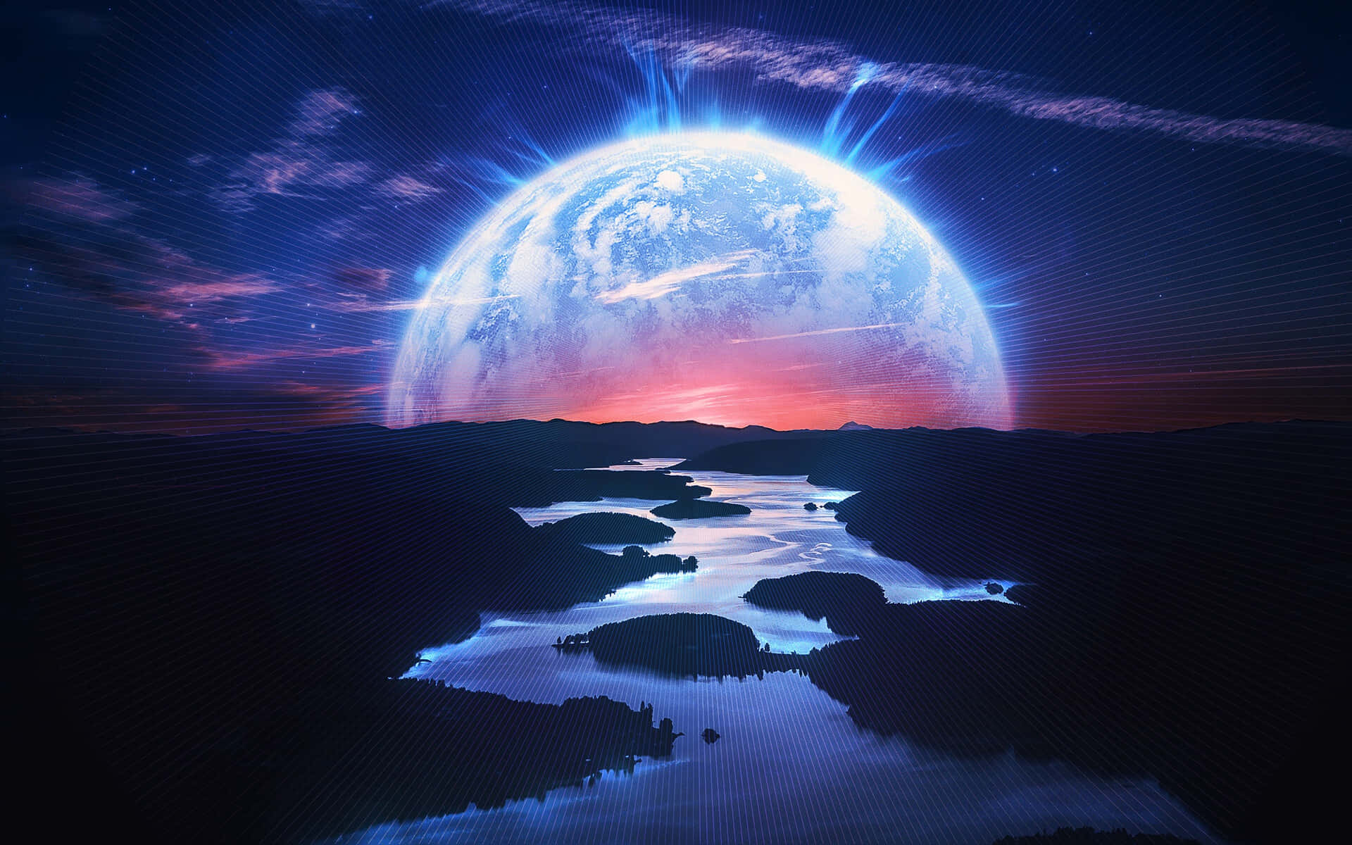 在科幻風景中，一顆發光的行星在暮色中從河流上升起。