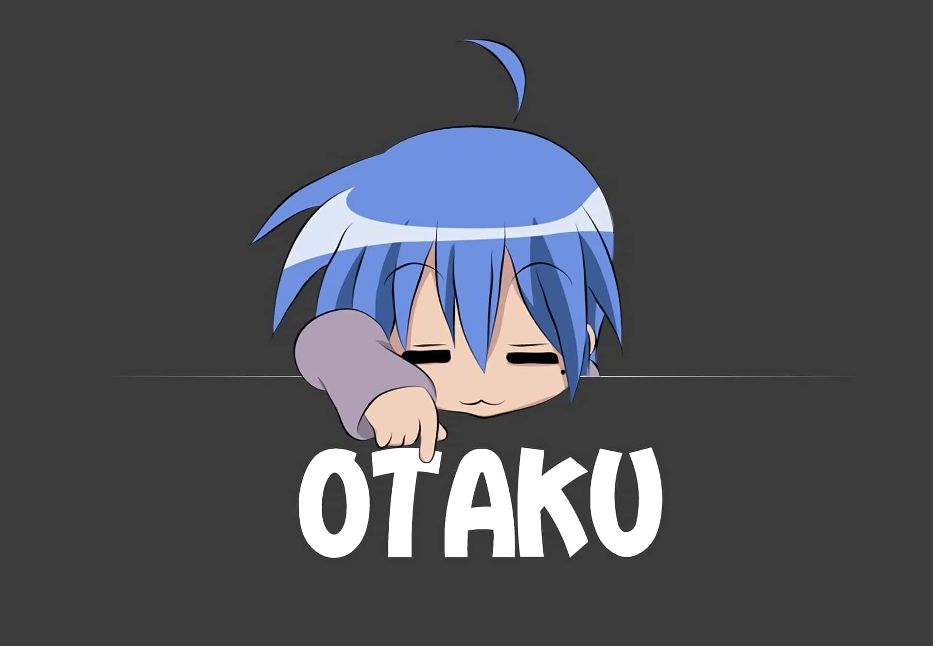 藍髮動漫角色指向「OTAKU」文字。