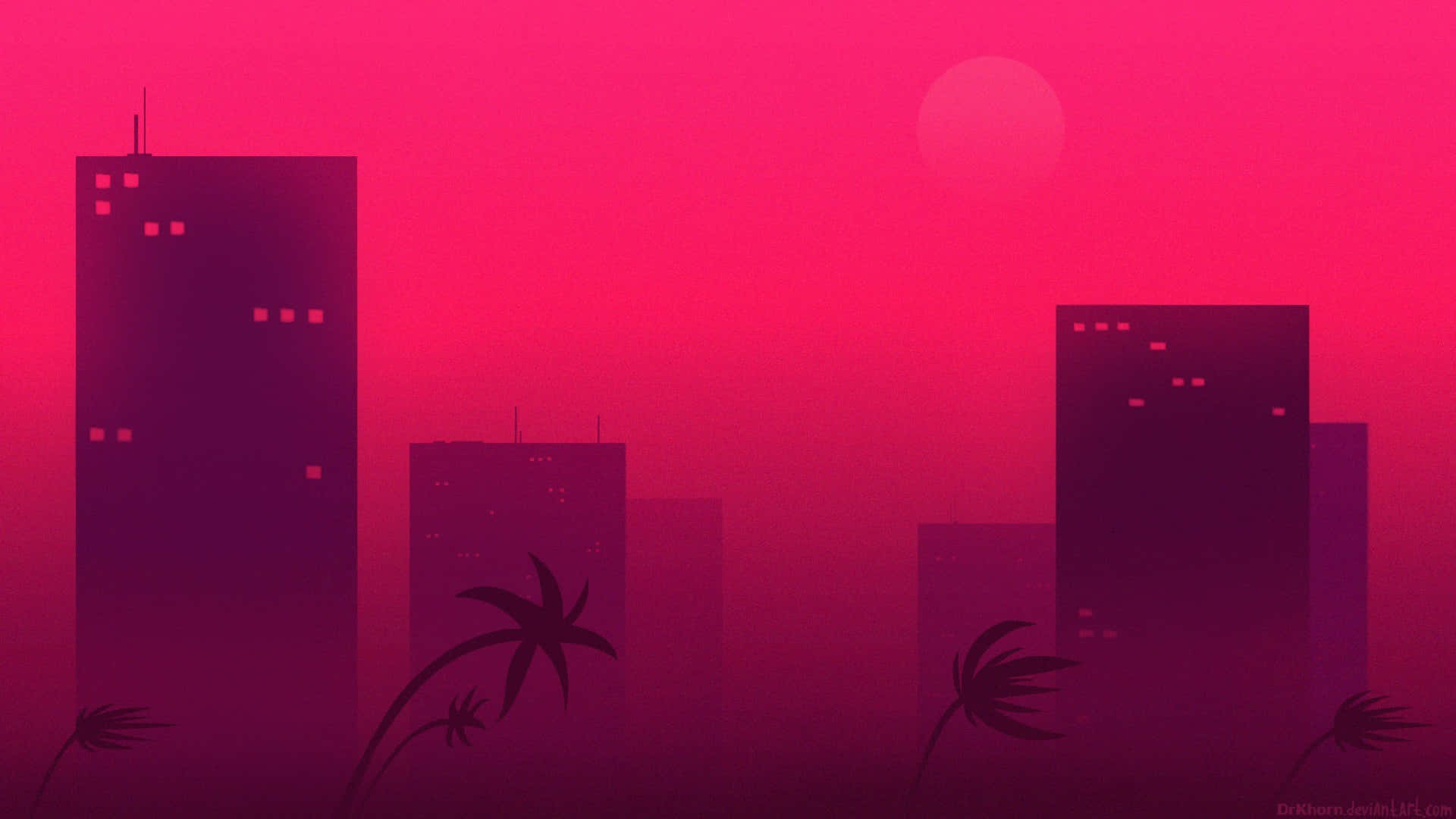Hotline Miami 桌布 壁紙 — 城市摩天大樓和棕櫚樹的剪影，映襯著漸變的粉紅色和洋紅色日落天空。