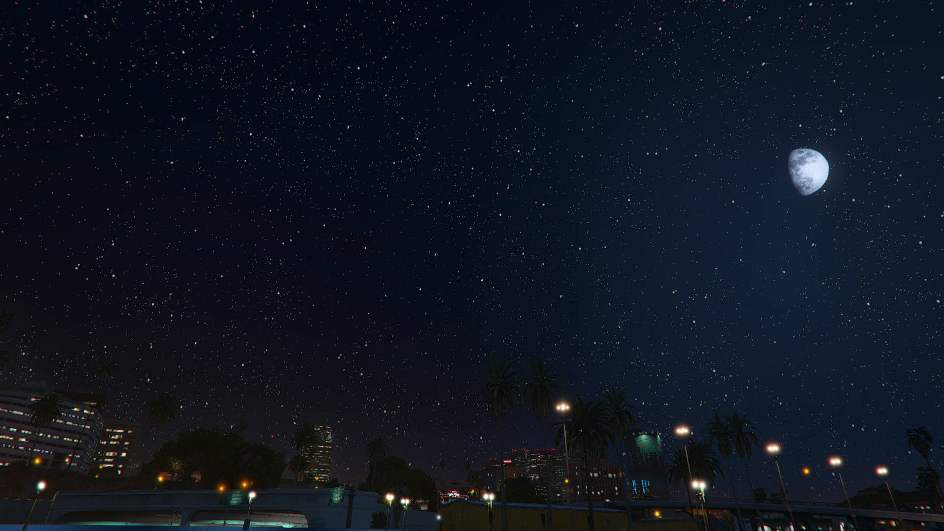 星空下嘅夜晚城市景觀，有新月同棕櫚樹。 — 月亮與星星動畫 壁紙