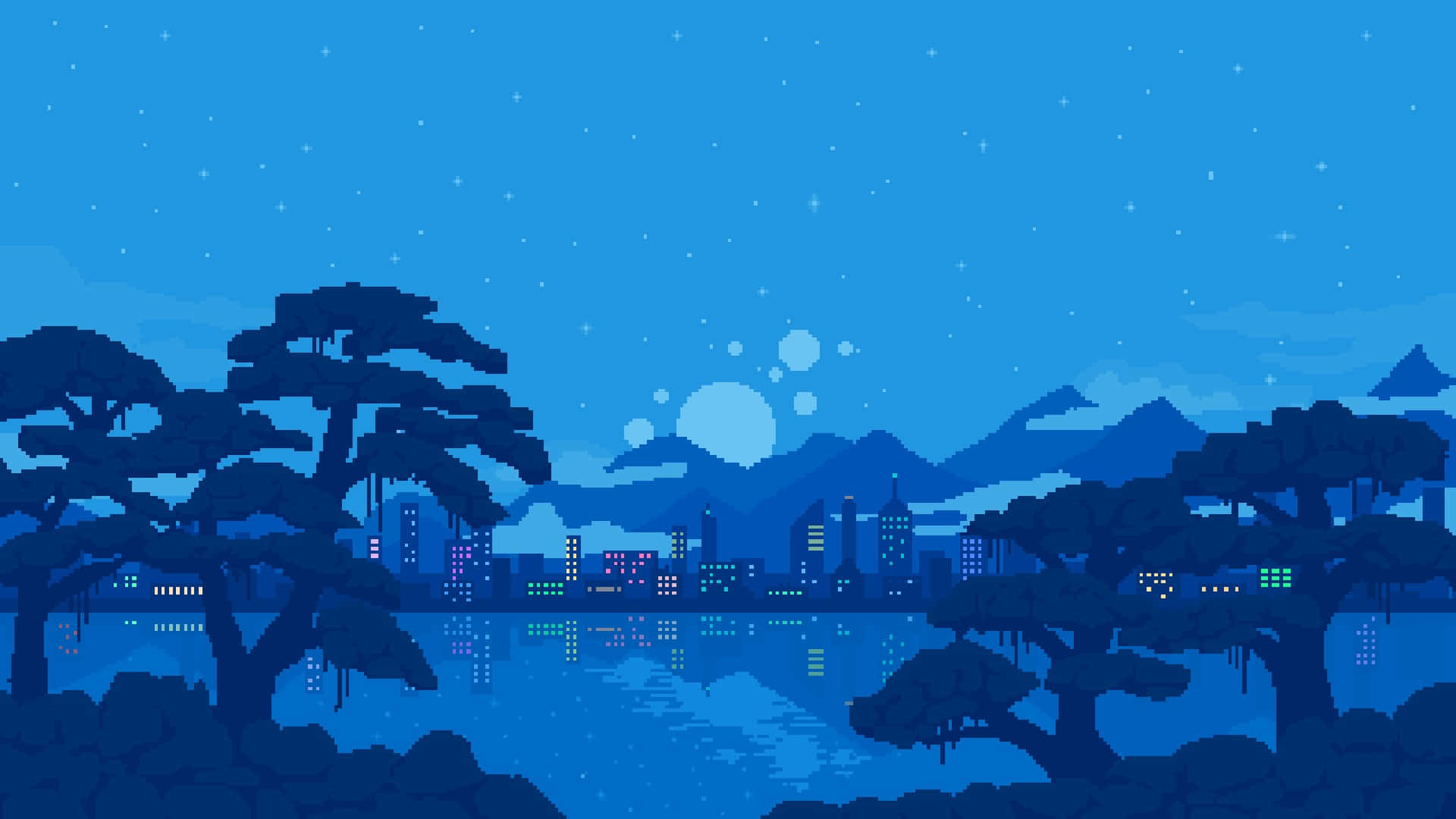 城市景觀，有樹木和水景 壁紙
