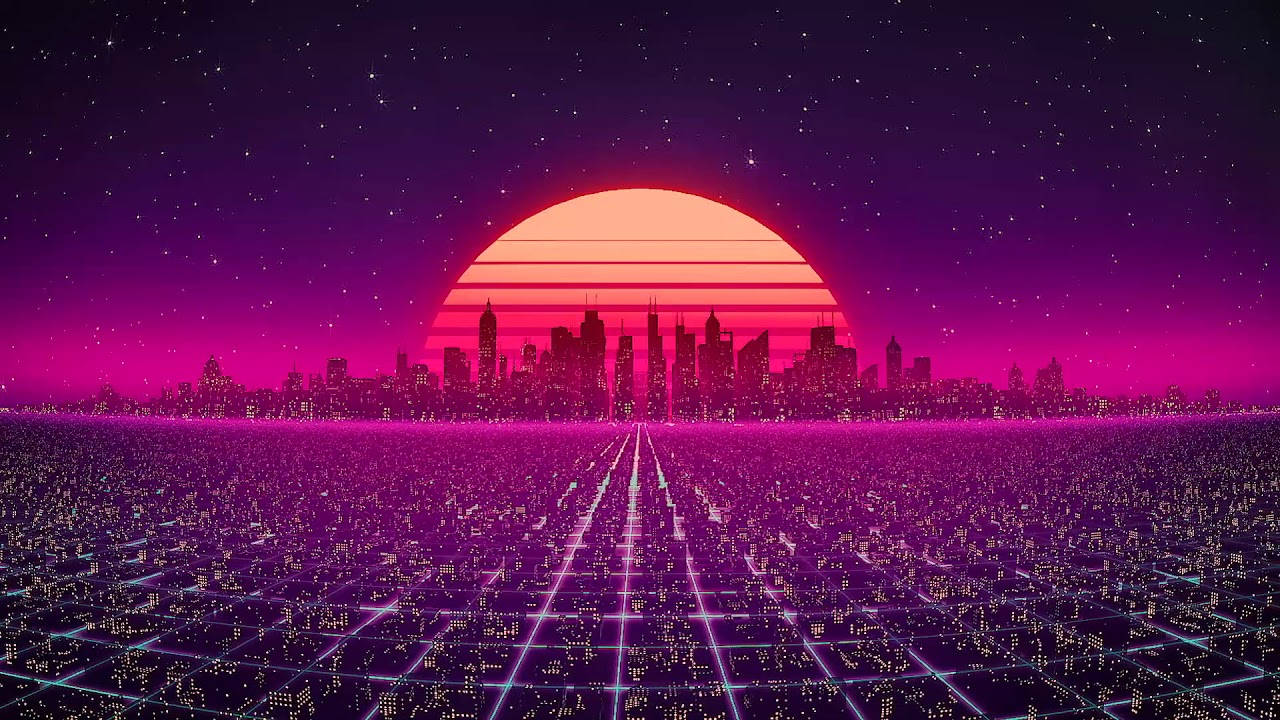 城市景觀與粉紅色夕陽 壁紙